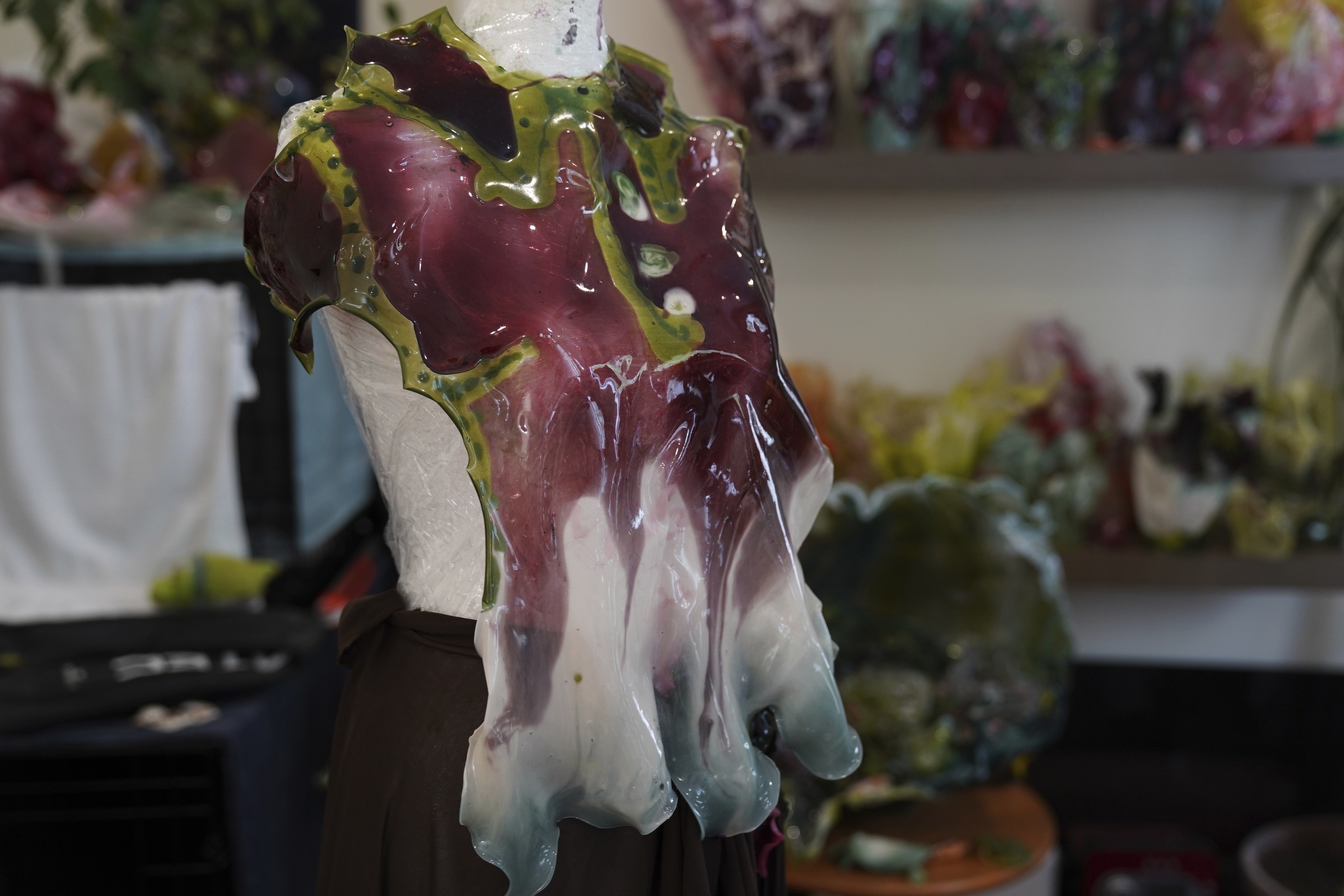 A piece by fashion designer Caroline Zimbalist is displayed on Friday, June 6, 2025, in the Queens borough of New York. (AP Photo/Mary Conlon)