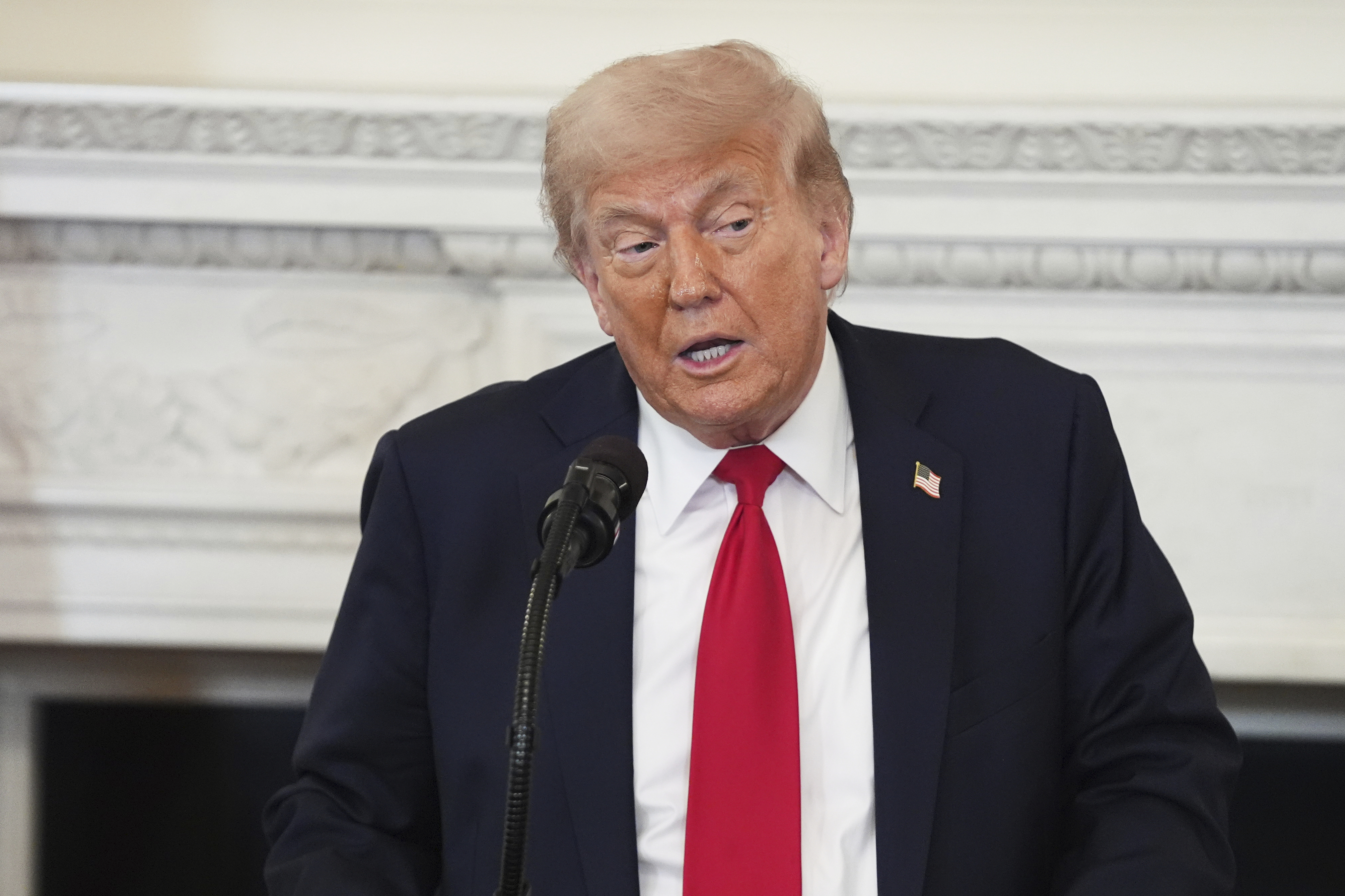 President Donald Trump speaks during the White House Faith Office luncheon in the State Dining Room, Monday, July 14, 2025, in Washington. (AP Photo/Evan Vucci)