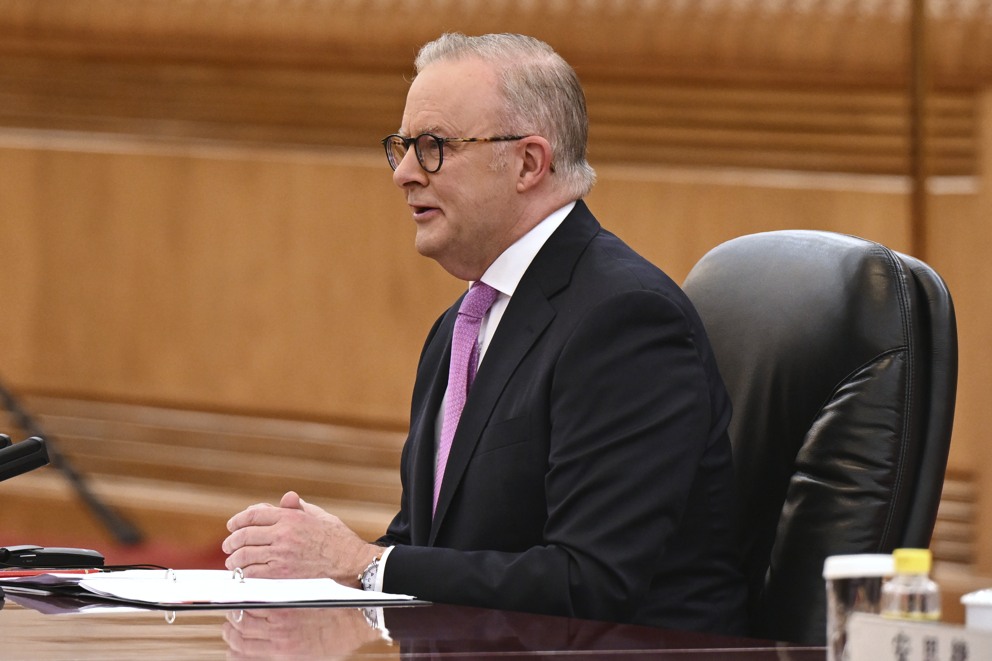 Australian Prime Minister Anthony Albanese reacts as he holds talks with China's President Xi Jinping in the Great Hall of the People in Beijing, China, Tuesday, July 15, 2025. (Lukas Coch/AAP Image via AP)