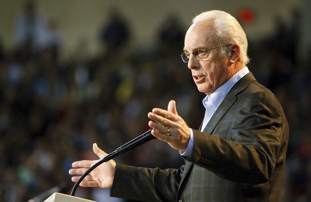 In this February 2011 photo provided by Liberty University, Rev. John MacArthur speaks at a convocation at the university in Lynchburg, Va. (Joel Coleman/Liberty University via AP)