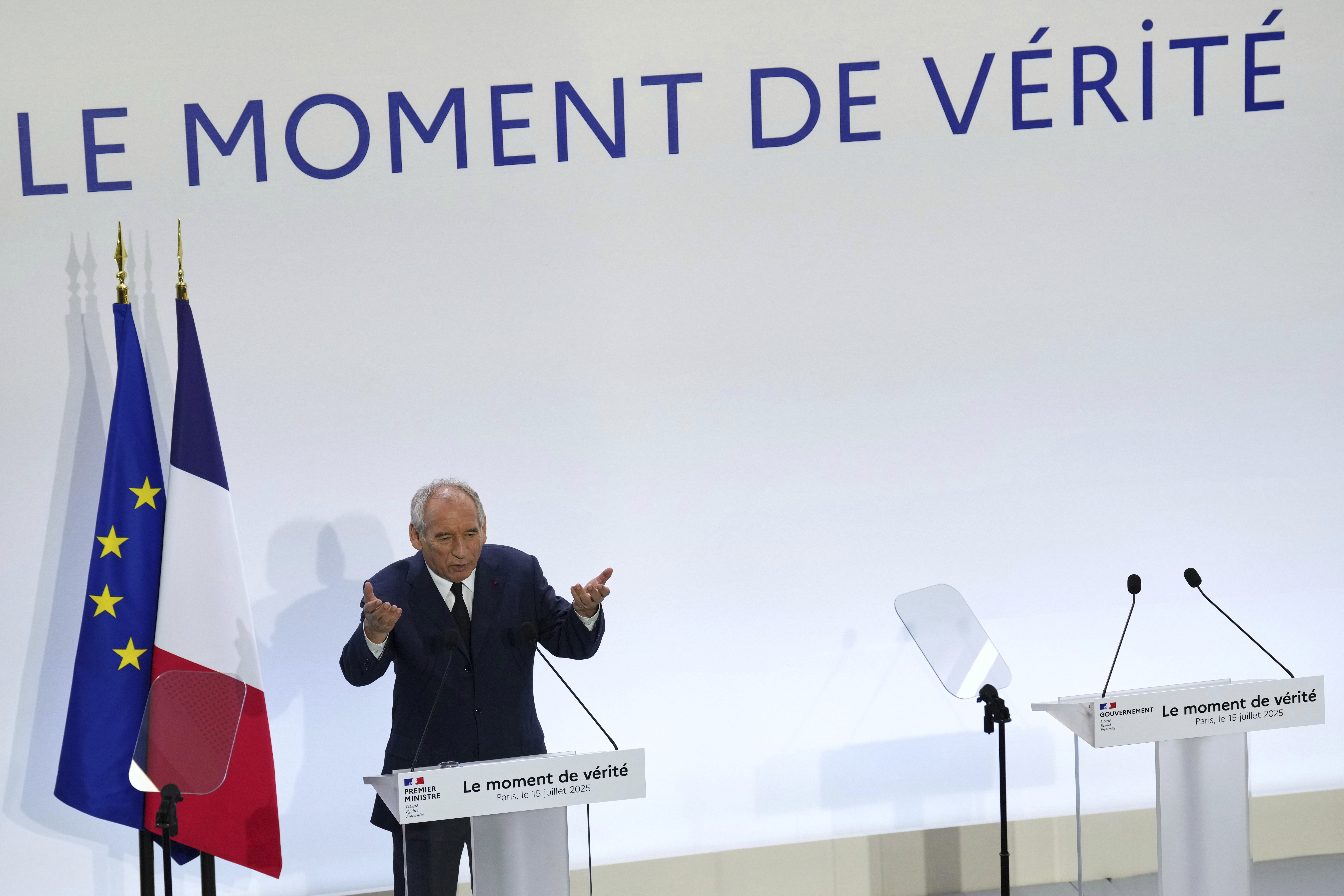 French Prime Minister Francois Bayrou unveils plans for next year's budget, Tuesday, July 15, 2025 in Paris. (AP Photo/Aurelien Morissard)