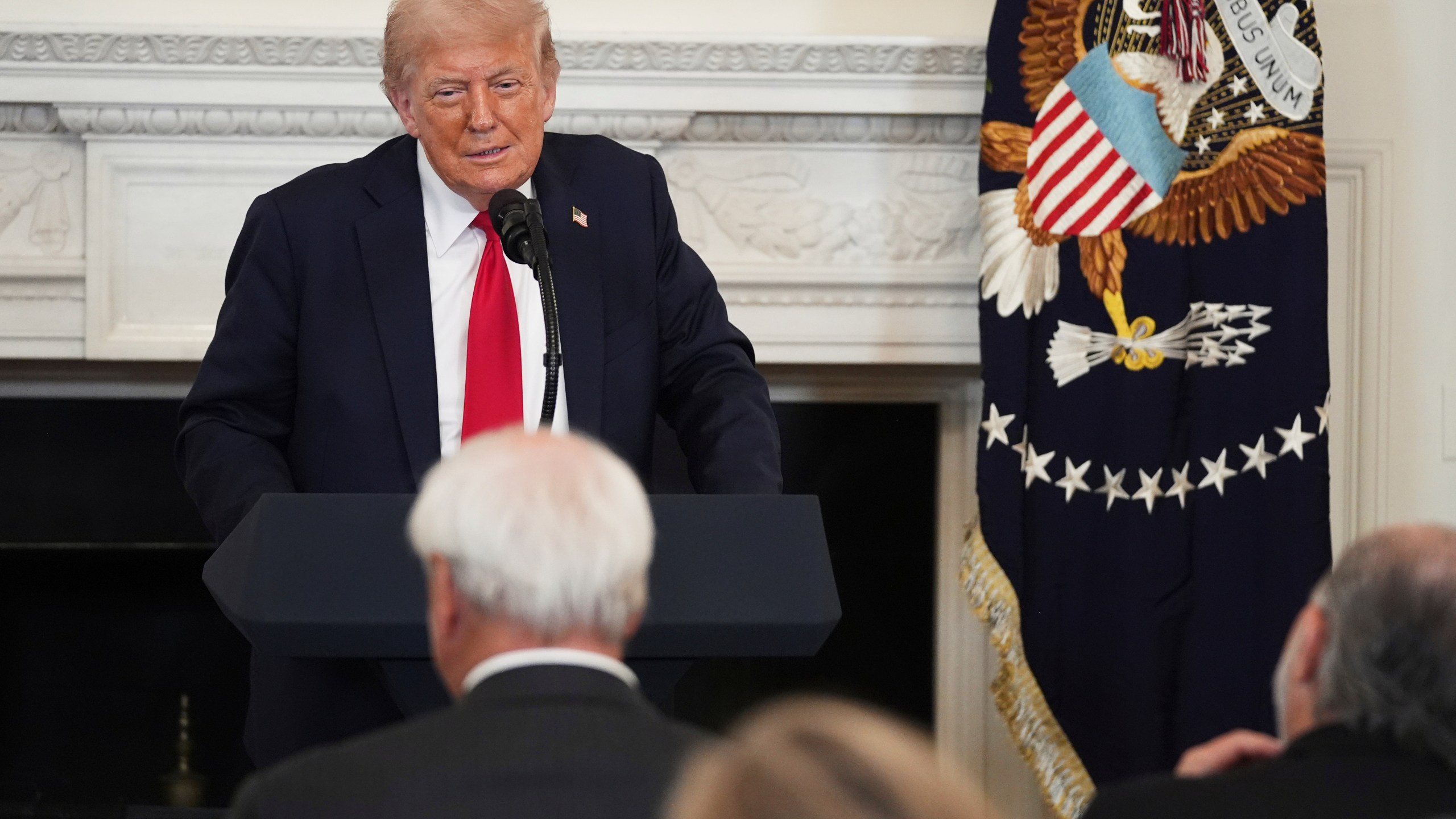 President Donald Trump speaks during the White House Faith Office luncheon in the State Dining Room, Monday, July 14, 2025, in Washington. (AP Photo/Evan Vucci)