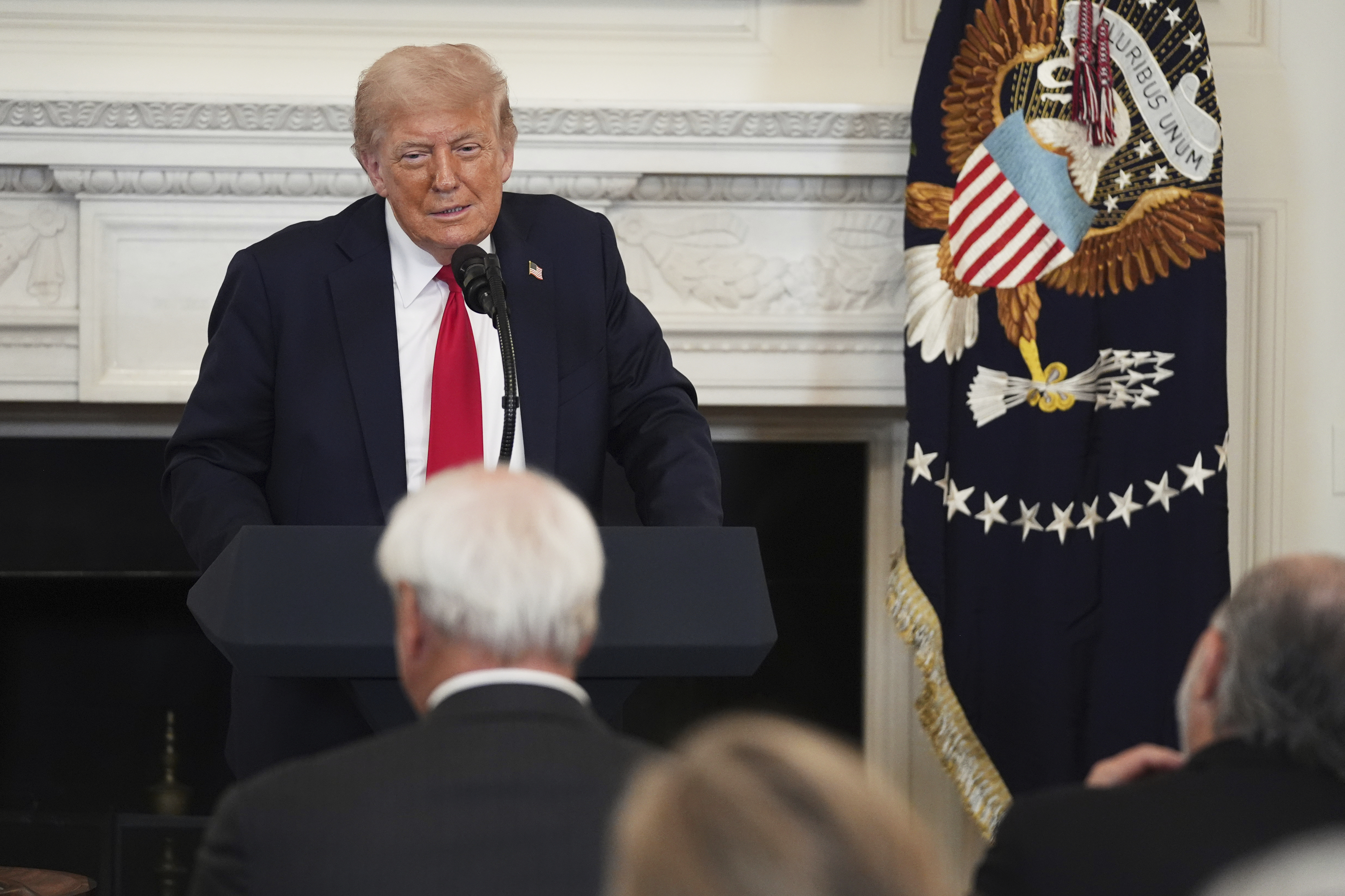 President Donald Trump speaks during the White House Faith Office luncheon in the State Dining Room, Monday, July 14, 2025, in Washington. (AP Photo/Evan Vucci)