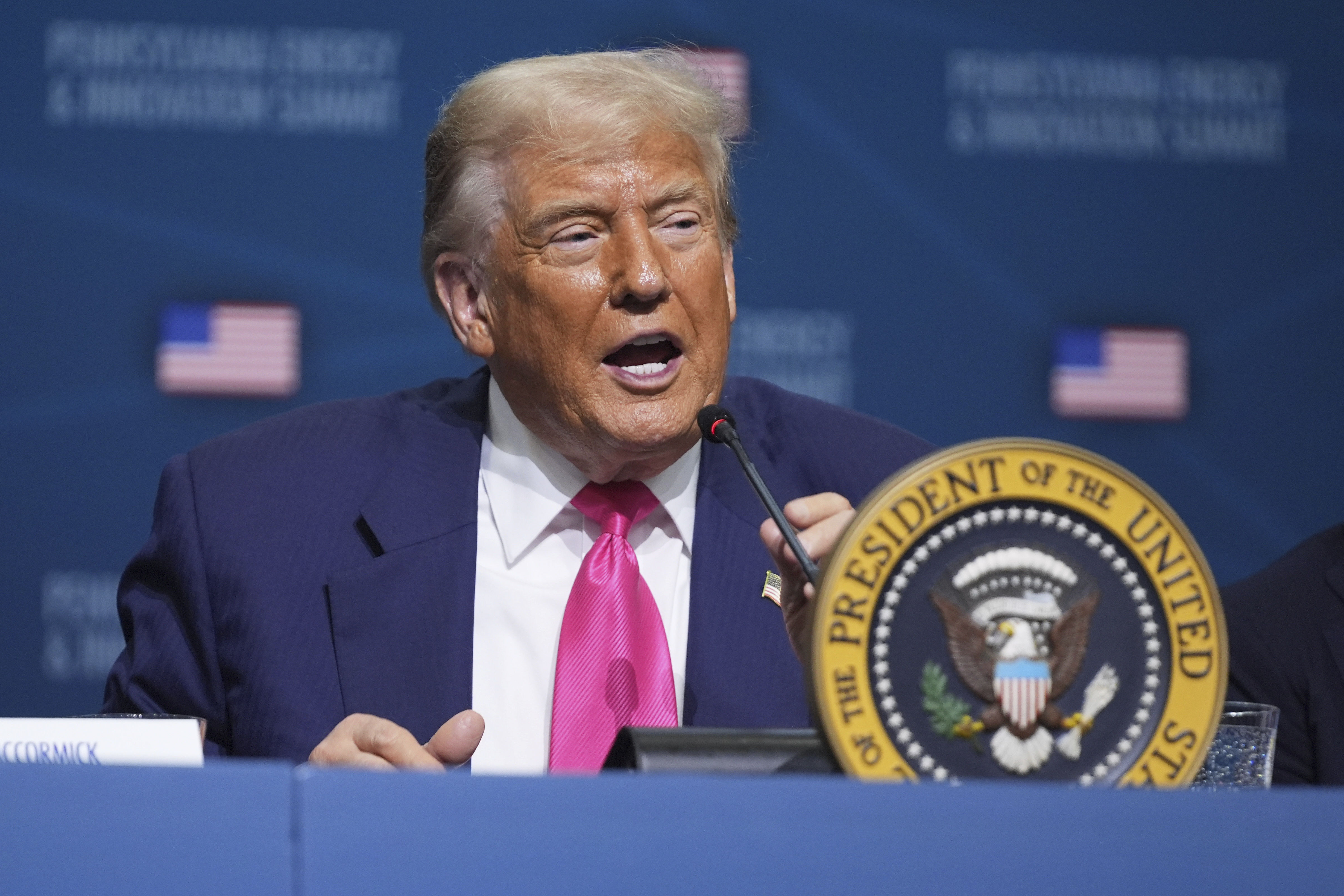 President Donald Trump speaks at the "Inaugural Pennsylvania Energy and Innovation Event" at Carnegie Mellon University, Tuesday, July 15, 2025, in Pittsburgh. (AP Photo/Evan Vucci)