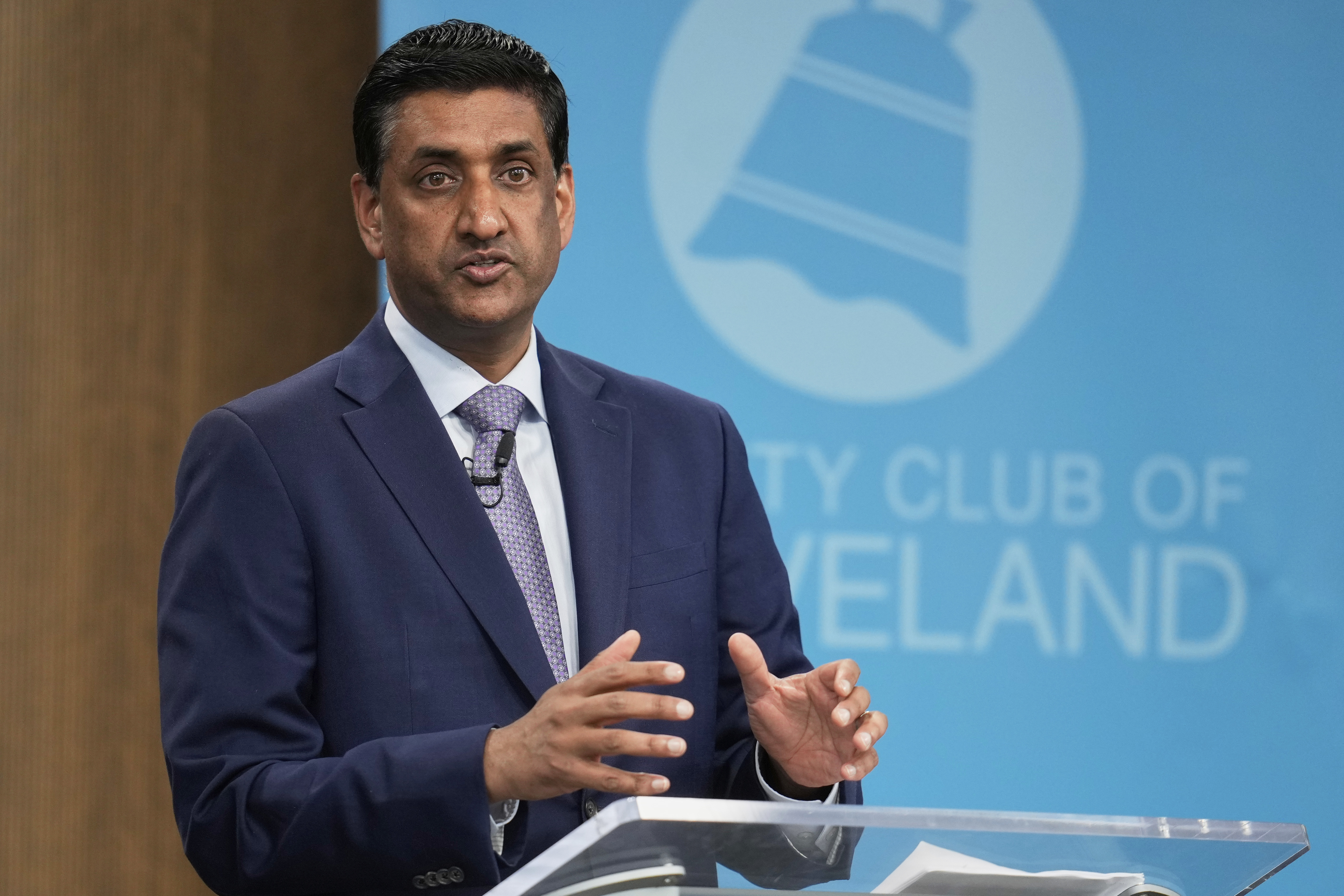 FILE - Rep. Ro Khanna, D-Calif., speaks to the City Club of Cleveland, in Cleveland, April 14, 2025. (AP Photo/Sue Ogrocki, File)