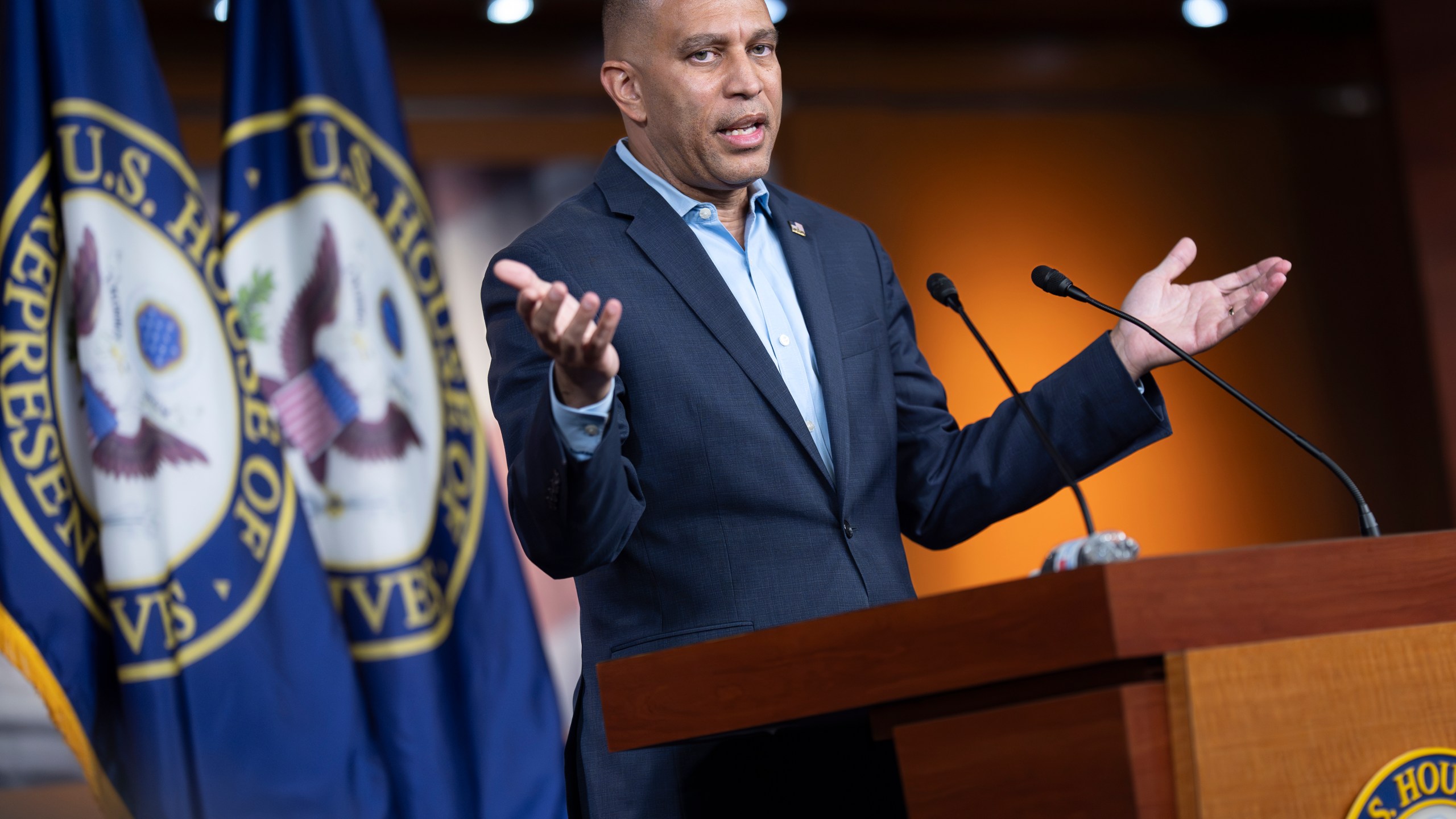 House Minority Leader Hakeem Jeffries, D-N.Y., speaks about President Donald Trump's policies and the GOP's tax and spending cut bill that passed this month, during a news conference at the Capitol in Washington, Monday, July 14, 2025. (AP Photo/J. Scott Applewhite)