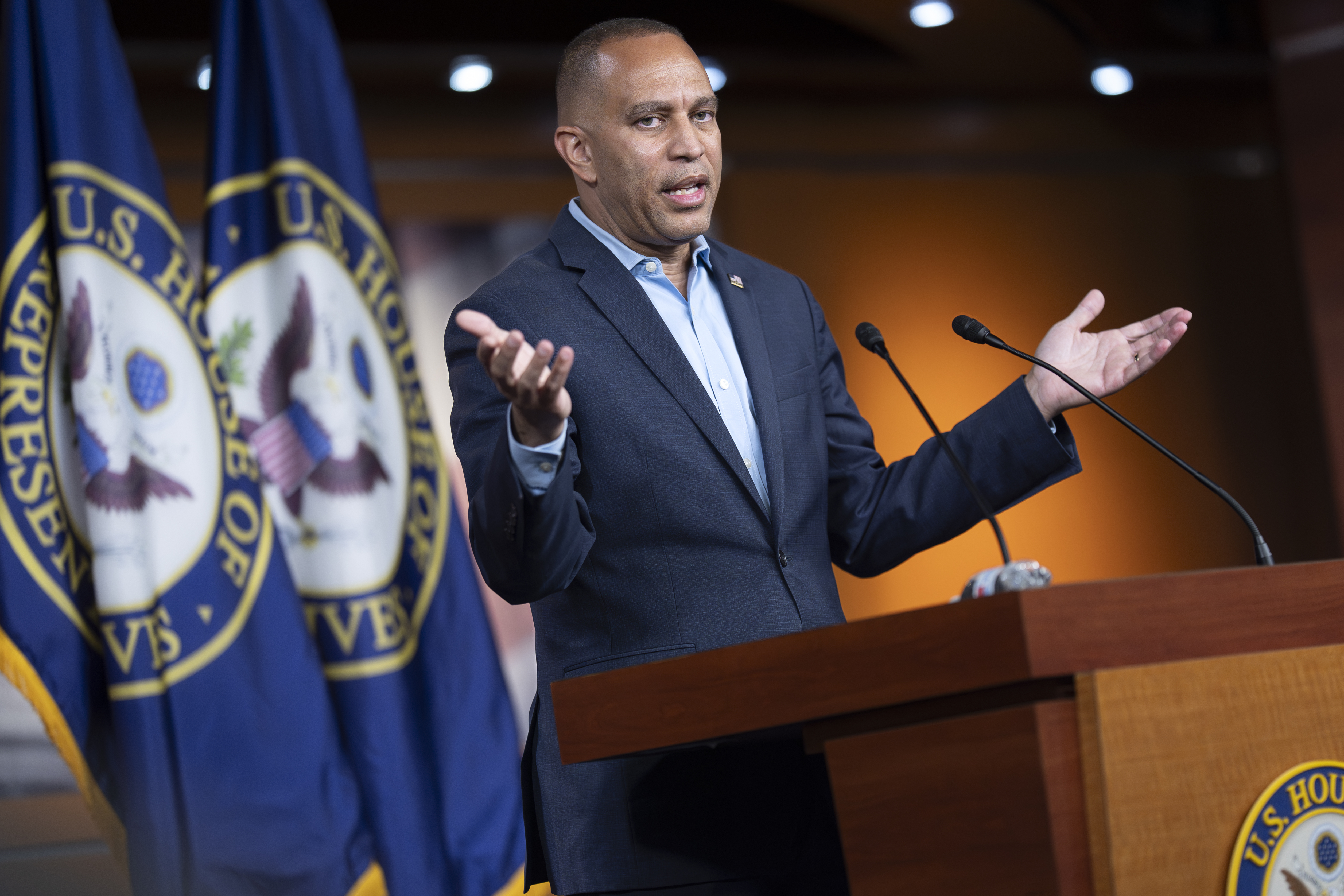 House Minority Leader Hakeem Jeffries, D-N.Y., speaks about President Donald Trump's policies and the GOP's tax and spending cut bill that passed this month, during a news conference at the Capitol in Washington, Monday, July 14, 2025. (AP Photo/J. Scott Applewhite)
