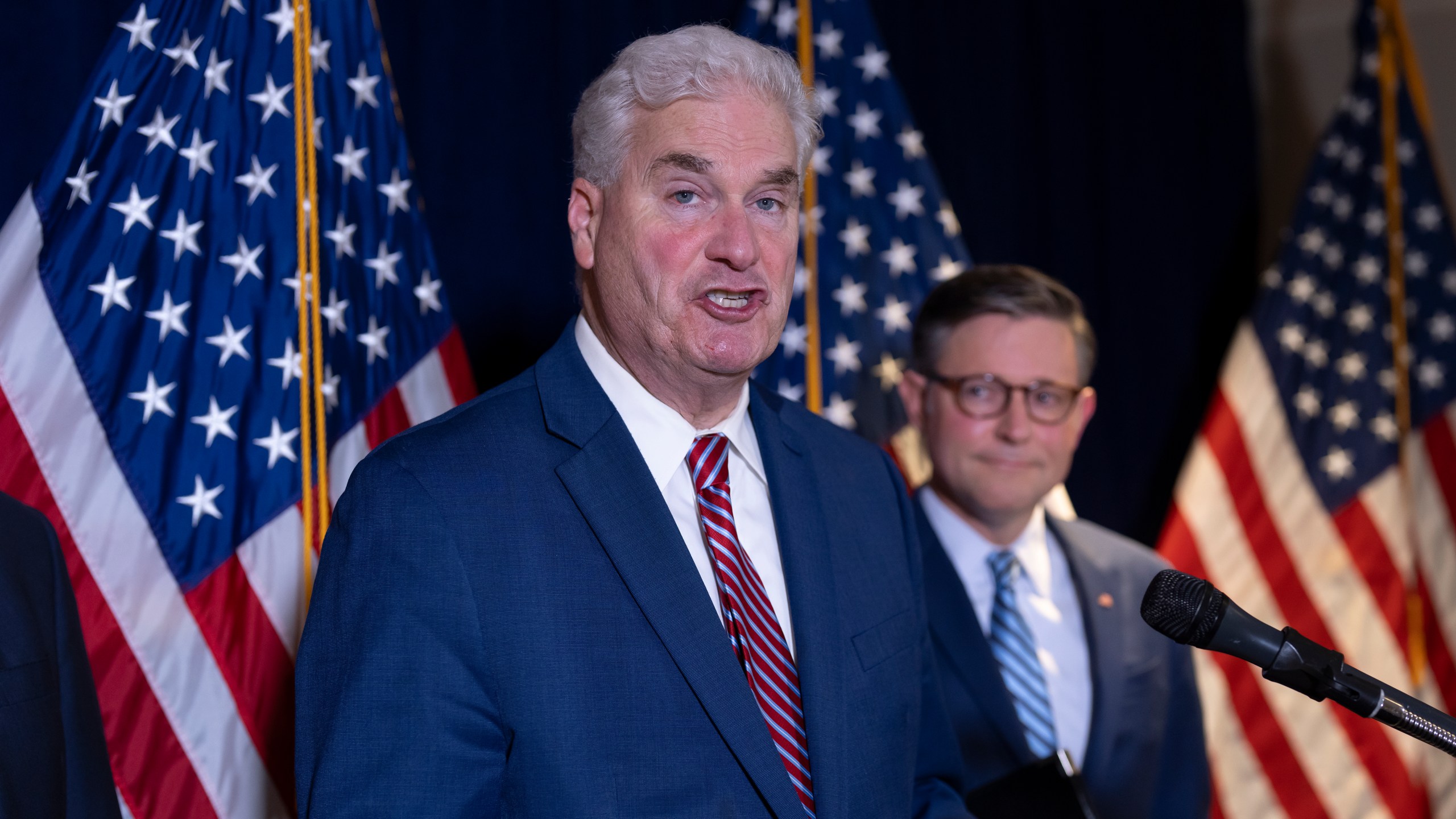 House Majority Whip Tom Emmer, R-Minn., left, a longtime supporter of cryptocurrency, joined at right by Speaker of the House Mike Johnson, R-La., discusses legislation in the week ahead that could impact the industry, during a news conference at the Republican National Committee headquarters in Washington, Tuesday, July 15, 2025. (AP Photo/J. Scott Applewhite)