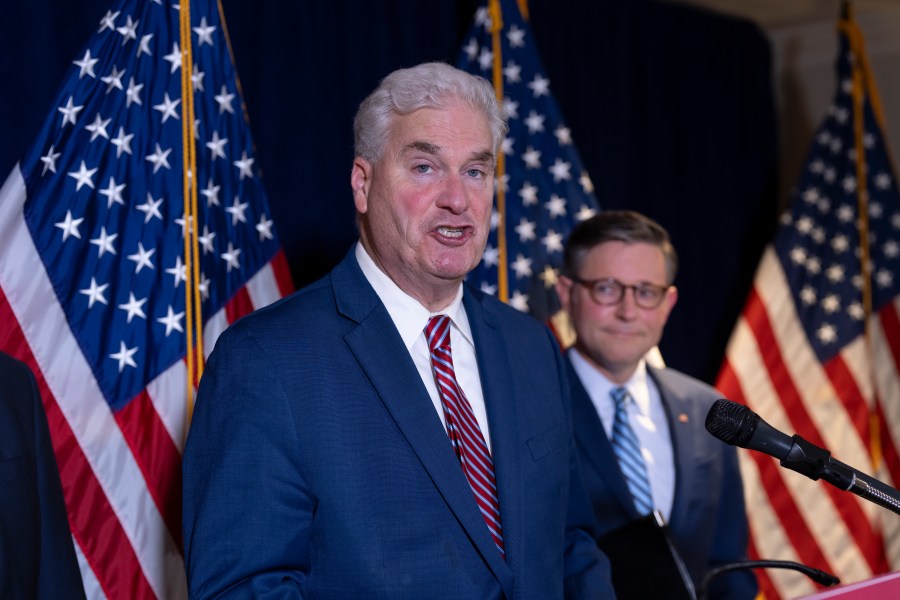 House Majority Whip Tom Emmer, R-Minn., left, a longtime supporter of cryptocurrency, joined at right by Speaker of the House Mike Johnson, R-La., discusses legislation in the week ahead that could impact the industry, during a news conference at the Republican National Committee headquarters in Washington, Tuesday, July 15, 2025. (AP Photo/J. Scott Applewhite)