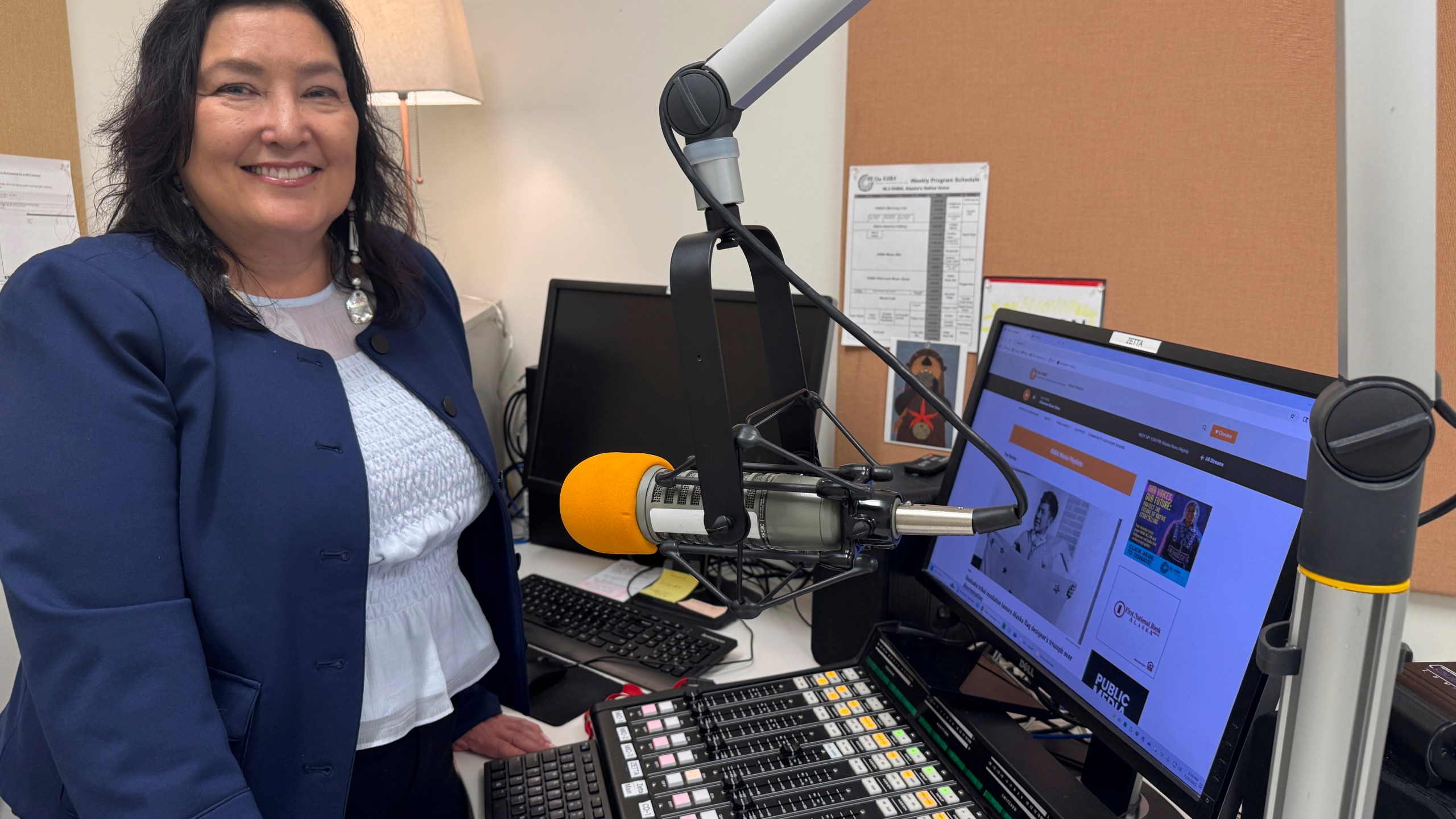 Jaclyn Sallee, president and chief operating for Koahnic Broadcast Corp., poses for a photo July 10, 2025, at the Anchorage, Alaska, studios of KBNA, the flagship station for National Native News. (AP Photo/Mark Thiessen)