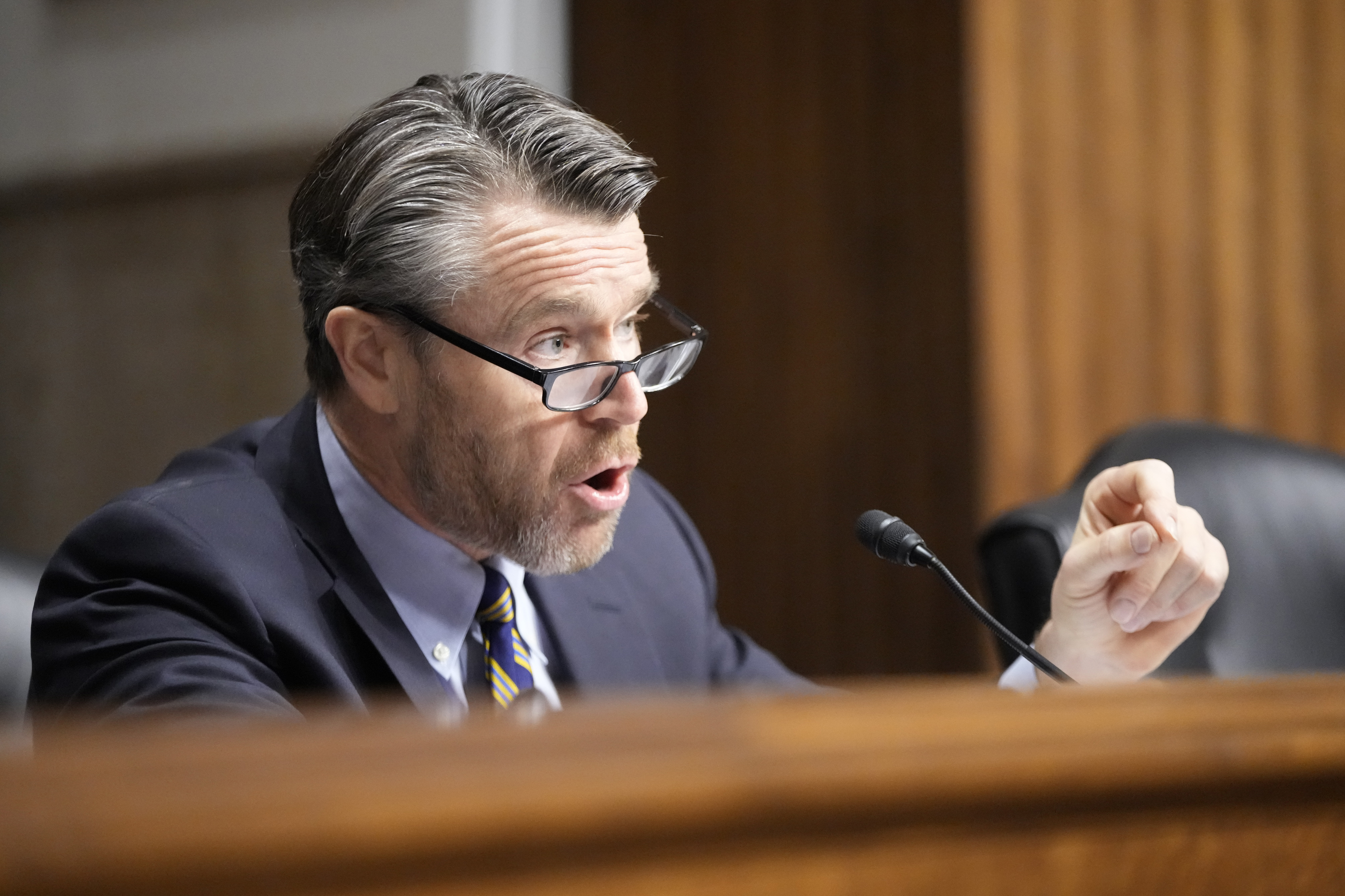 FILE - Sen. Todd Young, R-Ind., asks questions during a confirmation hearing at the Capitol in Washington on Jan. 29, 2025. (AP Photo/Ben Curtis, File)