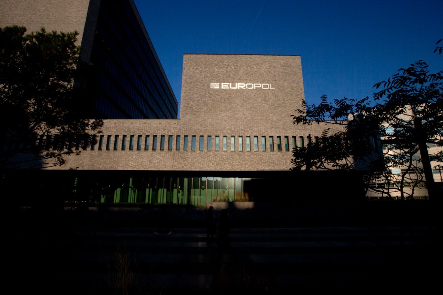 FILE- The Europol headquarters in The Hague, Netherlands, Wednesday, Oct. 10, 2018. (AP Photo/Peter Dejong, File)