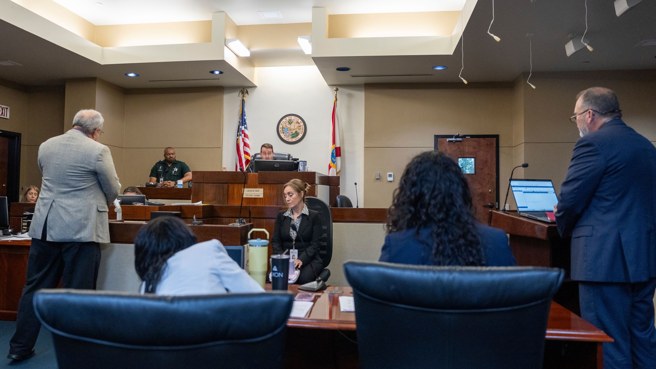 Public defender Peter Mills and prosecutor Jack Campbell appear before Second Judicial Circuit Judge Lance Neff during a case management conference in Tallahassee, Fla. on Wednesday, July 16, 2025 in the case of Phoenix Ikner, a Florida State University student accused of carrying out a mass shooting on campus. (Alicia Devine/Tallahassee Democrat via AP, Pool)