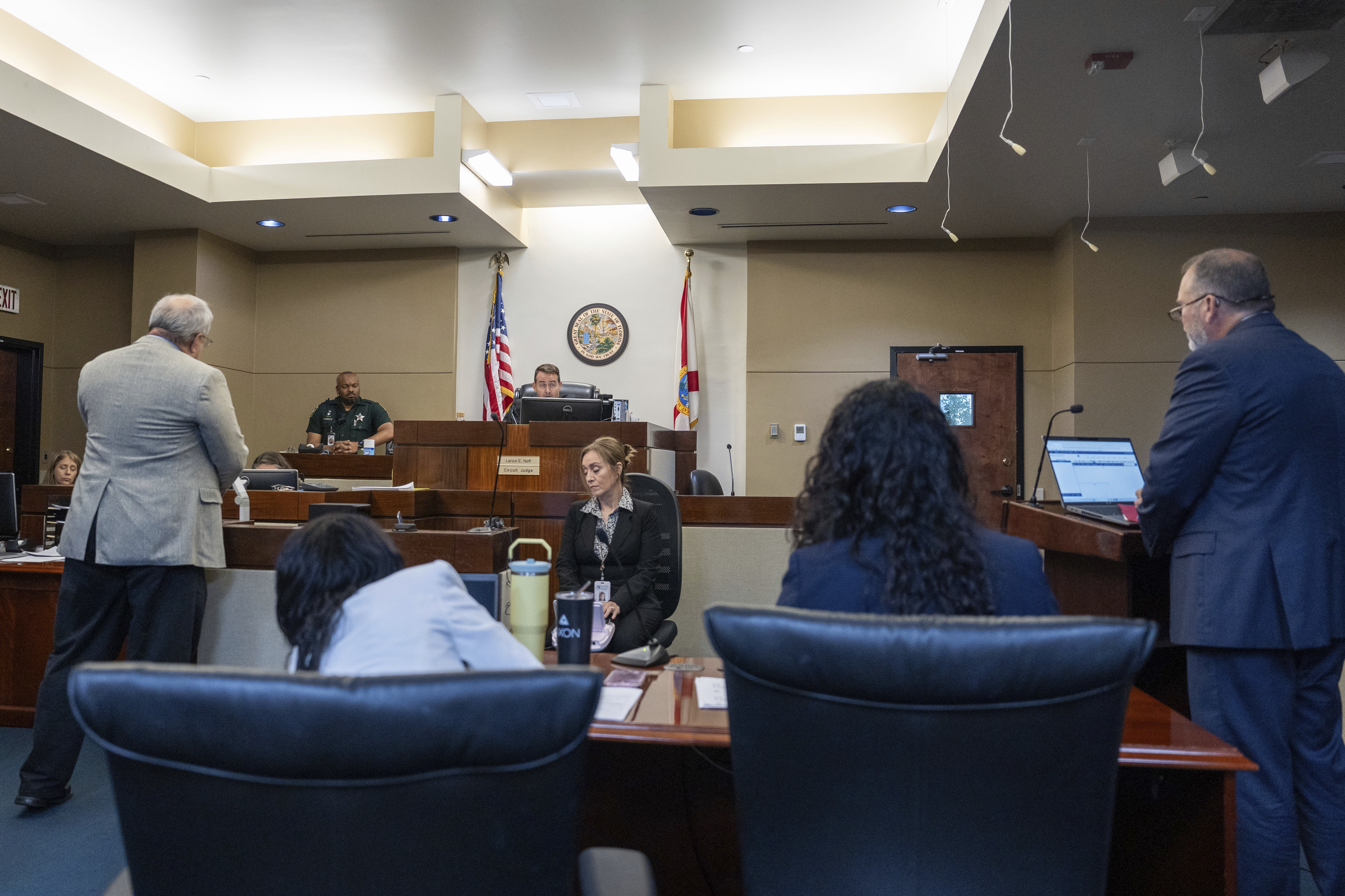 Public defender Peter Mills and prosecutor Jack Campbell appear before Second Judicial Circuit Judge Lance Neff during a case management conference in Tallahassee, Fla. on Wednesday, July 16, 2025 in the case of Phoenix Ikner, a Florida State University student accused of carrying out a mass shooting on campus. (Alicia Devine/Tallahassee Democrat via AP, Pool)