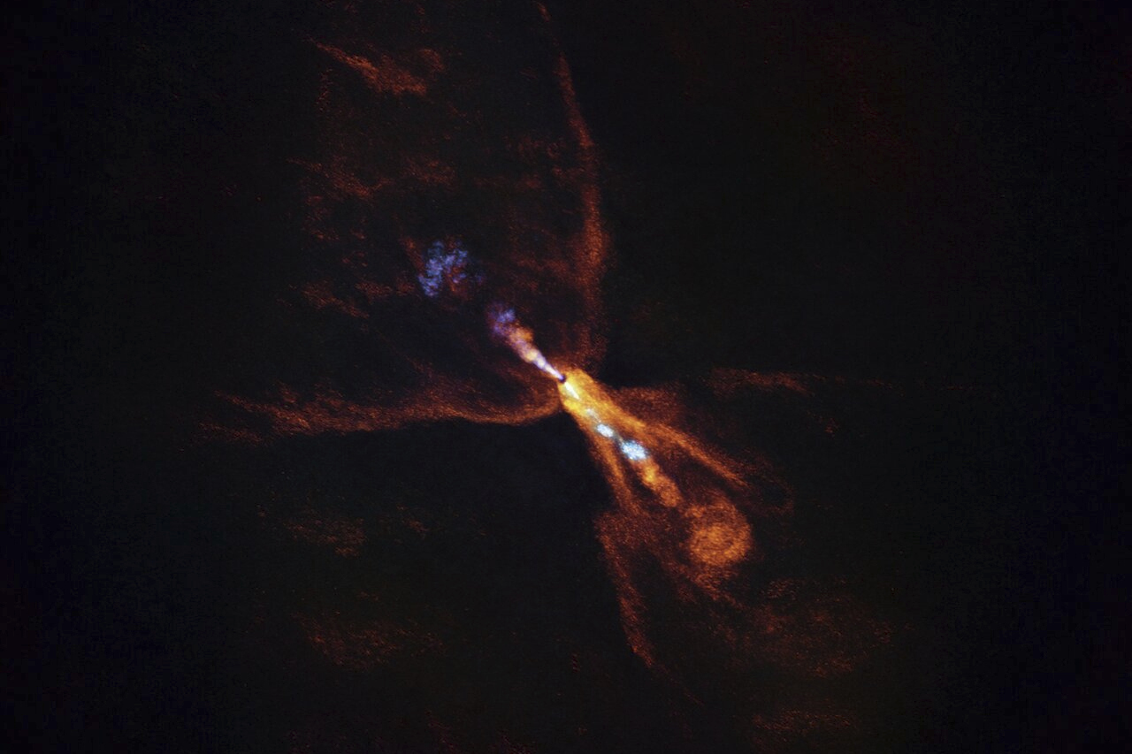 This image provided by the European Southern Observatory on Tuesday, July 15, 2025, shows HOPS-315, a baby star where astronomers have observed evidence for the earliest stages of planet formation. (ALMA(ESO/NAOJ/NRAO)/M. McClure et al. via AP)