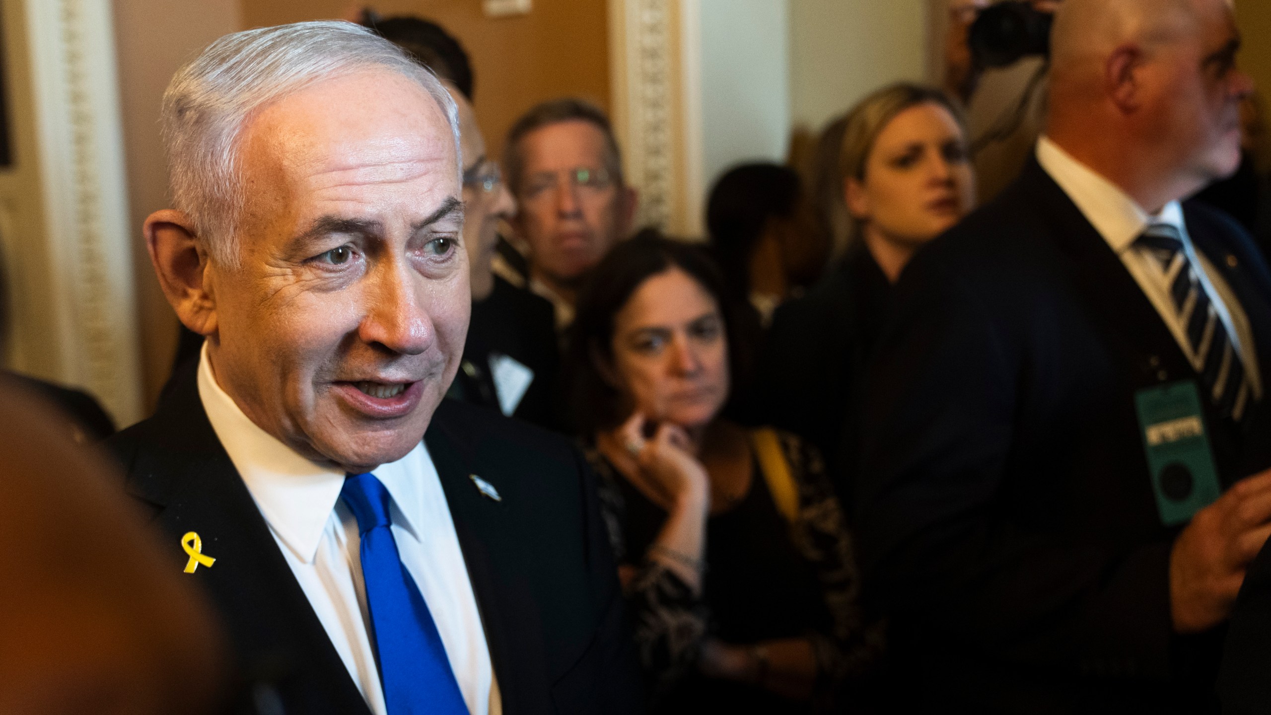 Israeli Prime Minister Benjamin Netanyahu, speaks to reporters before a meeting with lawmakers at the Capitol in Washington, Wednesday, July 9, 2025. (AP Photo/Manuel Balce Ceneta)