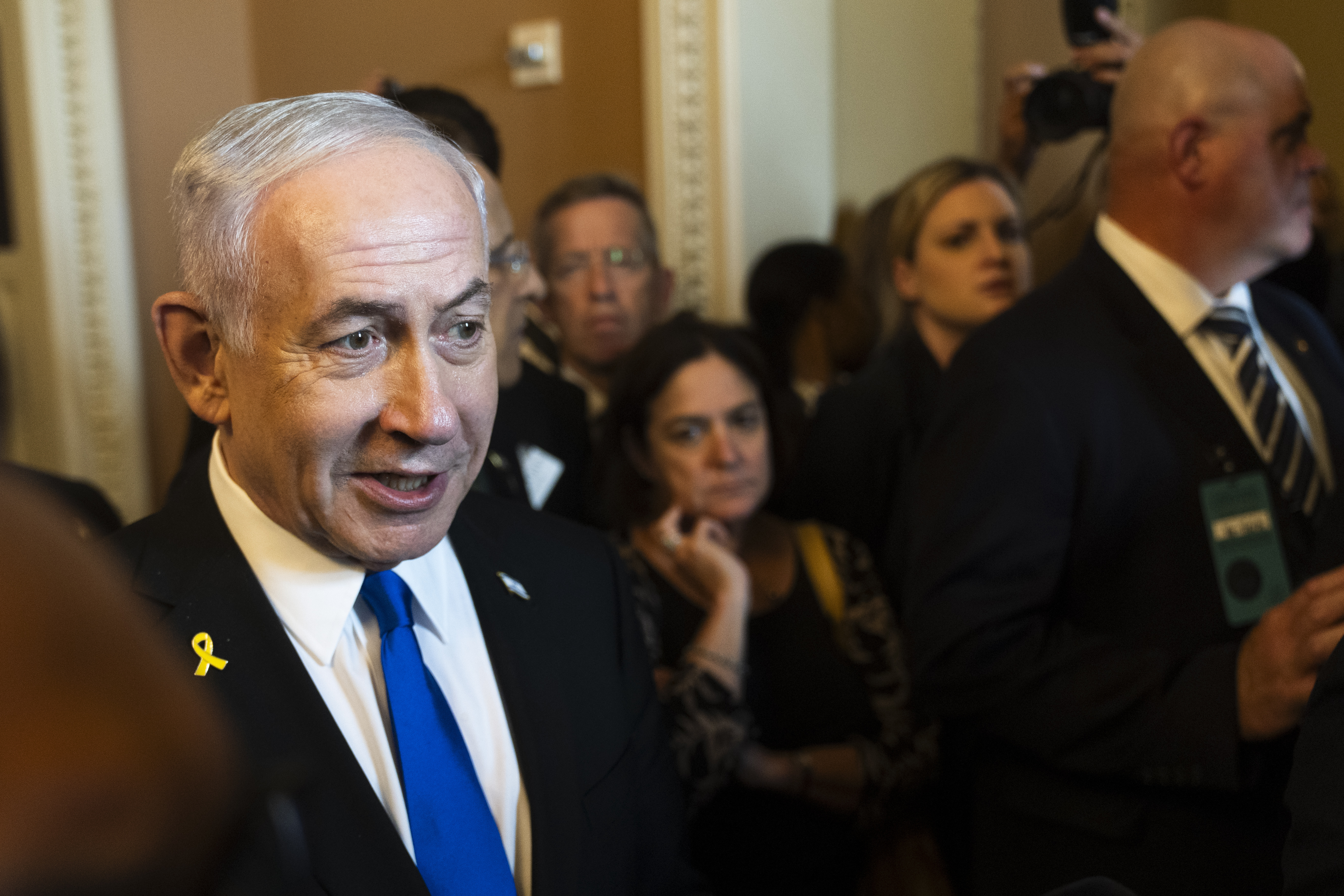 Israeli Prime Minister Benjamin Netanyahu, speaks to reporters before a meeting with lawmakers at the Capitol in Washington, Wednesday, July 9, 2025. (AP Photo/Manuel Balce Ceneta)