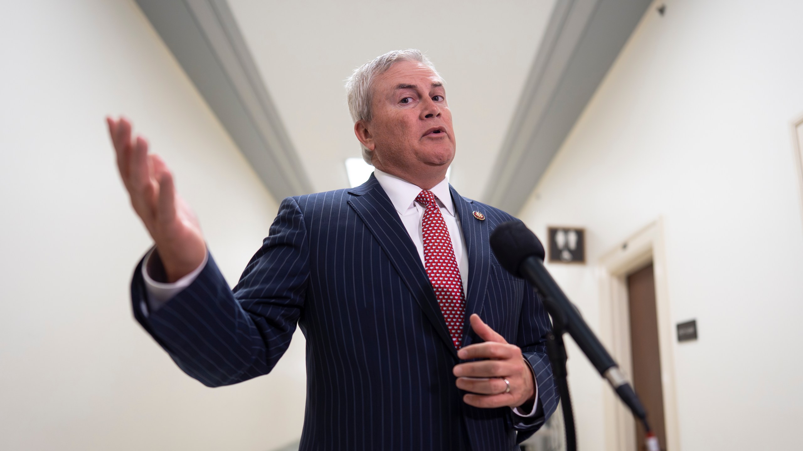 House Oversight Committee Chairman James Comer, R-Ky., speaks to reporters as he arrives to interview Anthony Bernal, a former senior aide to former first lady Jill Biden, as Republicans investigate former President Joe Biden's mental fitness while in office, at the Capitol in Washington, Wednesday, July 16, 2025. (AP Photo/J. Scott Applewhite)