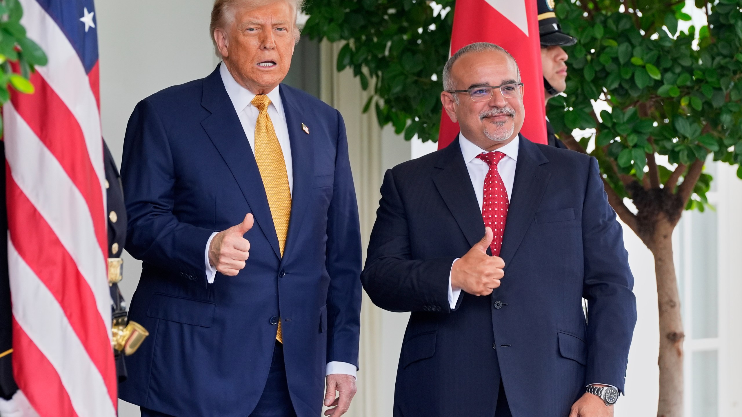 President Donald Trump greets Bahrain's Crown Prince Salman bin Hamad Al Khalifa at the White House, Wednesday, July 16, 2025, in Washington. (AP Photo/Alex Brandon)