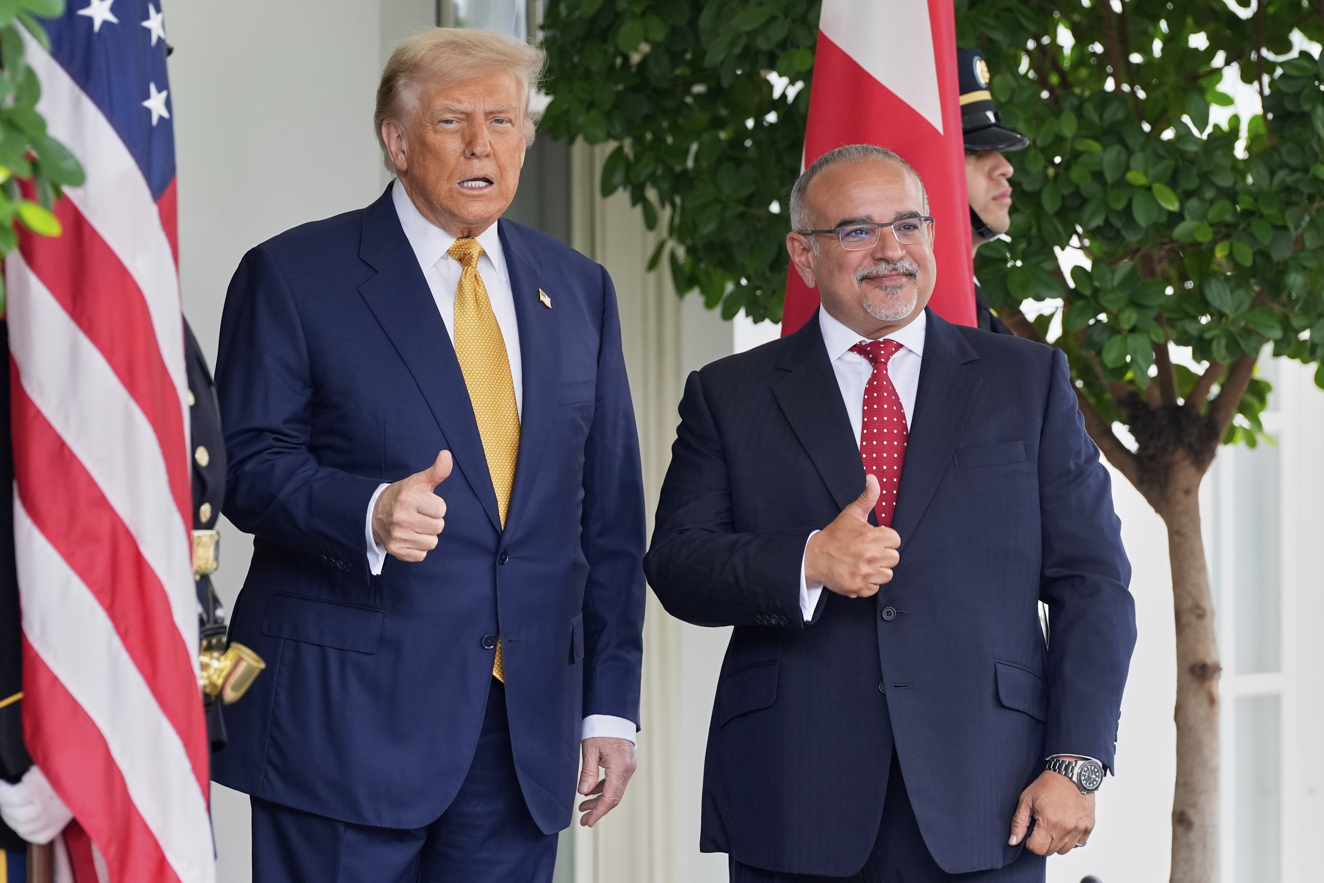 President Donald Trump greets Bahrain's Crown Prince Salman bin Hamad Al Khalifa at the White House, Wednesday, July 16, 2025, in Washington. (AP Photo/Alex Brandon)