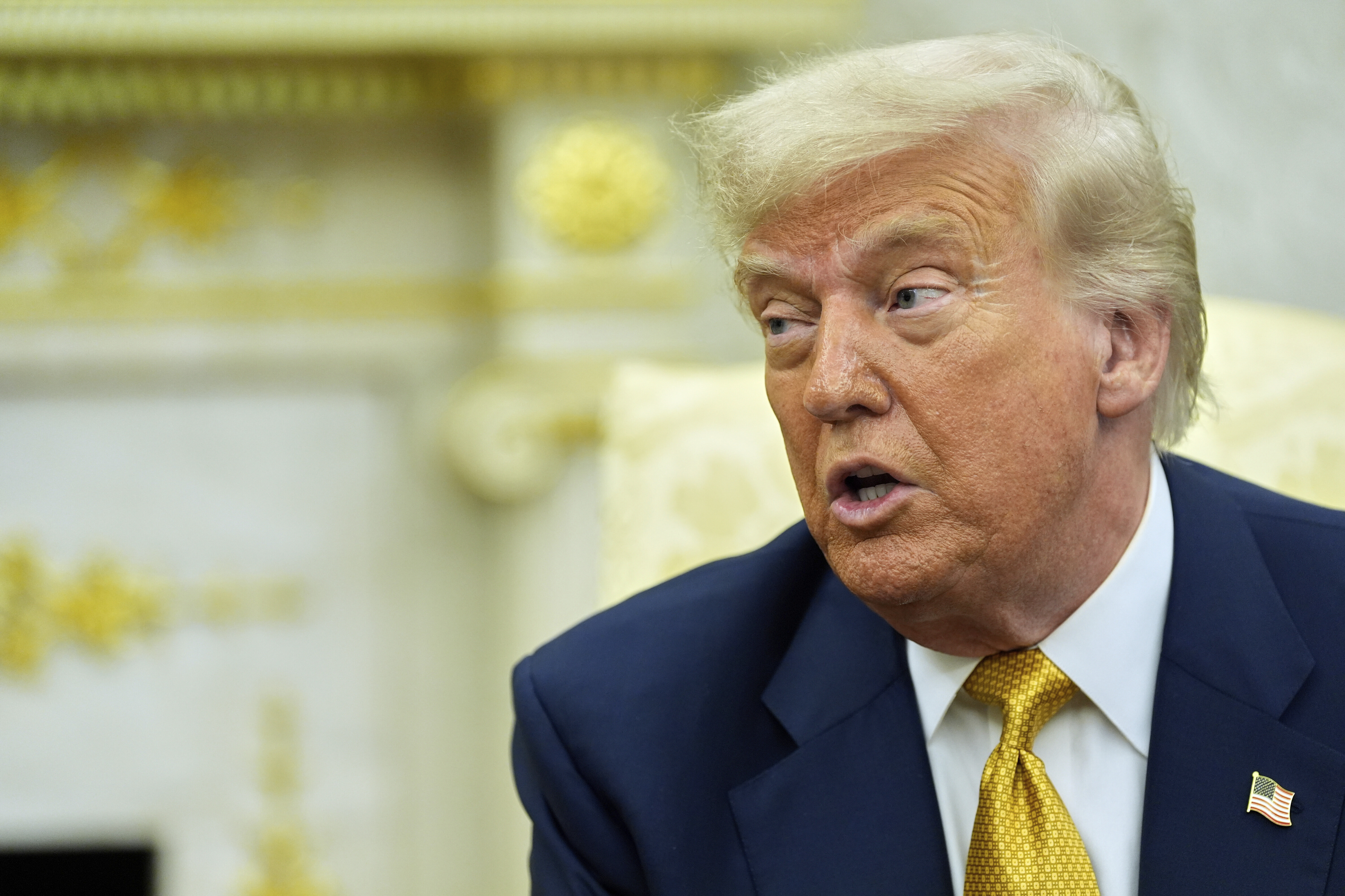 President Donald Trump speaks during a meeting with Bahrain's Crown Prince Salman bin Hamad Al Khalifa in the Oval Office of the White House, Wednesday, July 16, 2025, in Washington. (AP Photo/Alex Brandon)