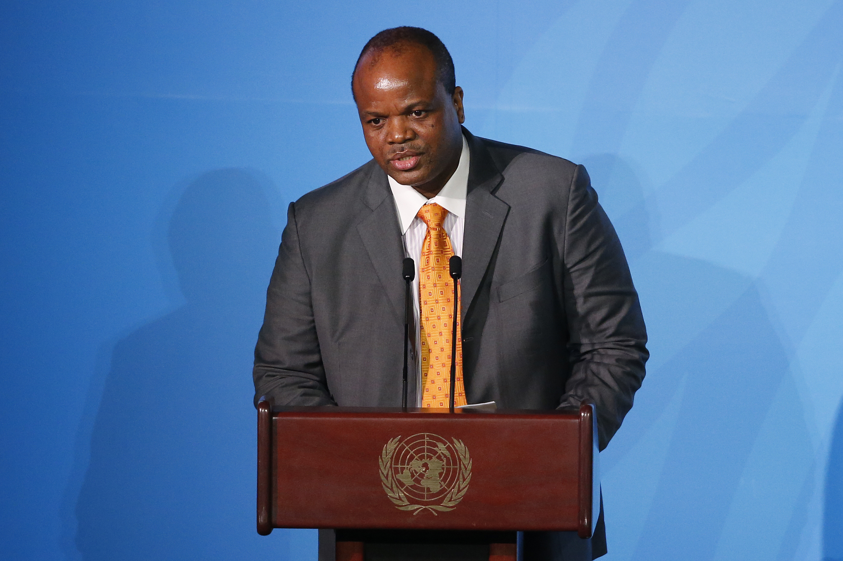 FILE - Eswatini's King Mswati III addresses the Climate Action Summit in the United Nations General Assembly at U.N. headquarters, Sept. 23, 2019. (AP Photo/Jason DeCrow, File)