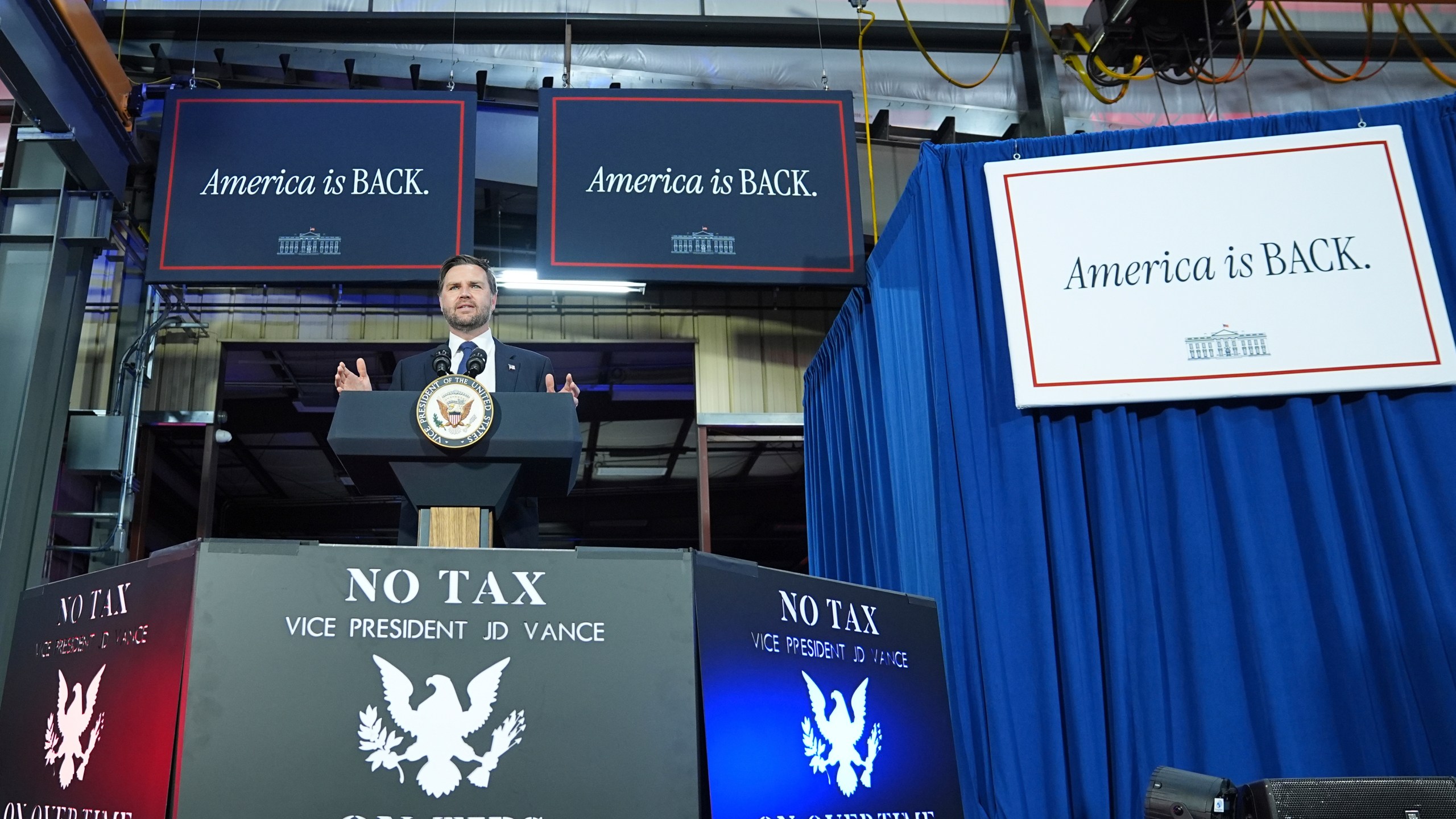 Vice President JD Vance speaks at Don's Machine Shop in West Pittston, Pa., Wednesday, July 16, 2025. (AP Photo/Matt Rourke)