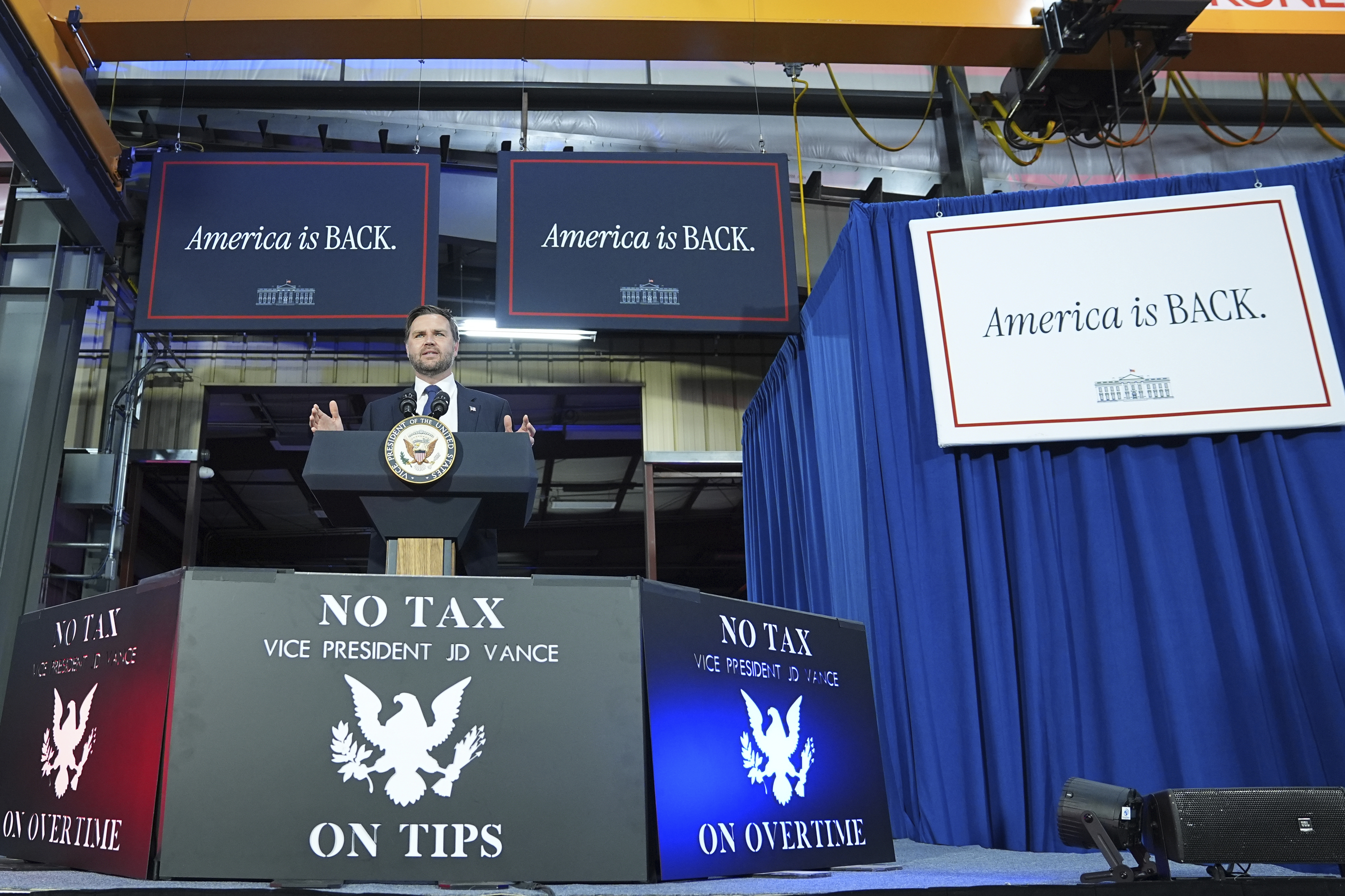 Vice President JD Vance speaks at Don's Machine Shop in West Pittston, Pa., Wednesday, July 16, 2025. (AP Photo/Matt Rourke)