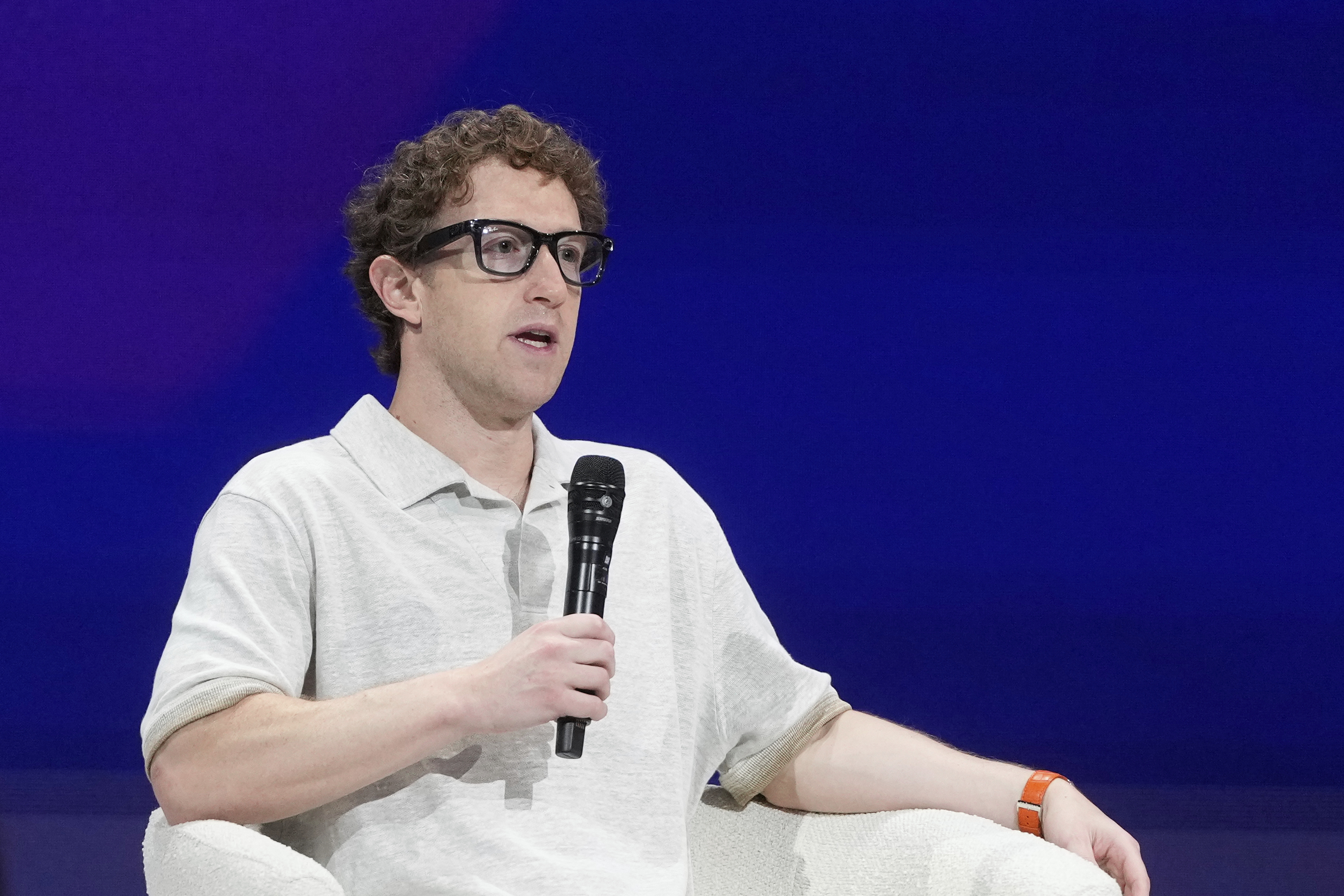 FILE - Meta Founder and CEO Mark Zuckerberg speaks at LlamaCon 2025, an AI developer conference, in Menlo Park, Calif., Tuesday, April 29, 2025. (AP Photo/Jeff Chiu, file)
