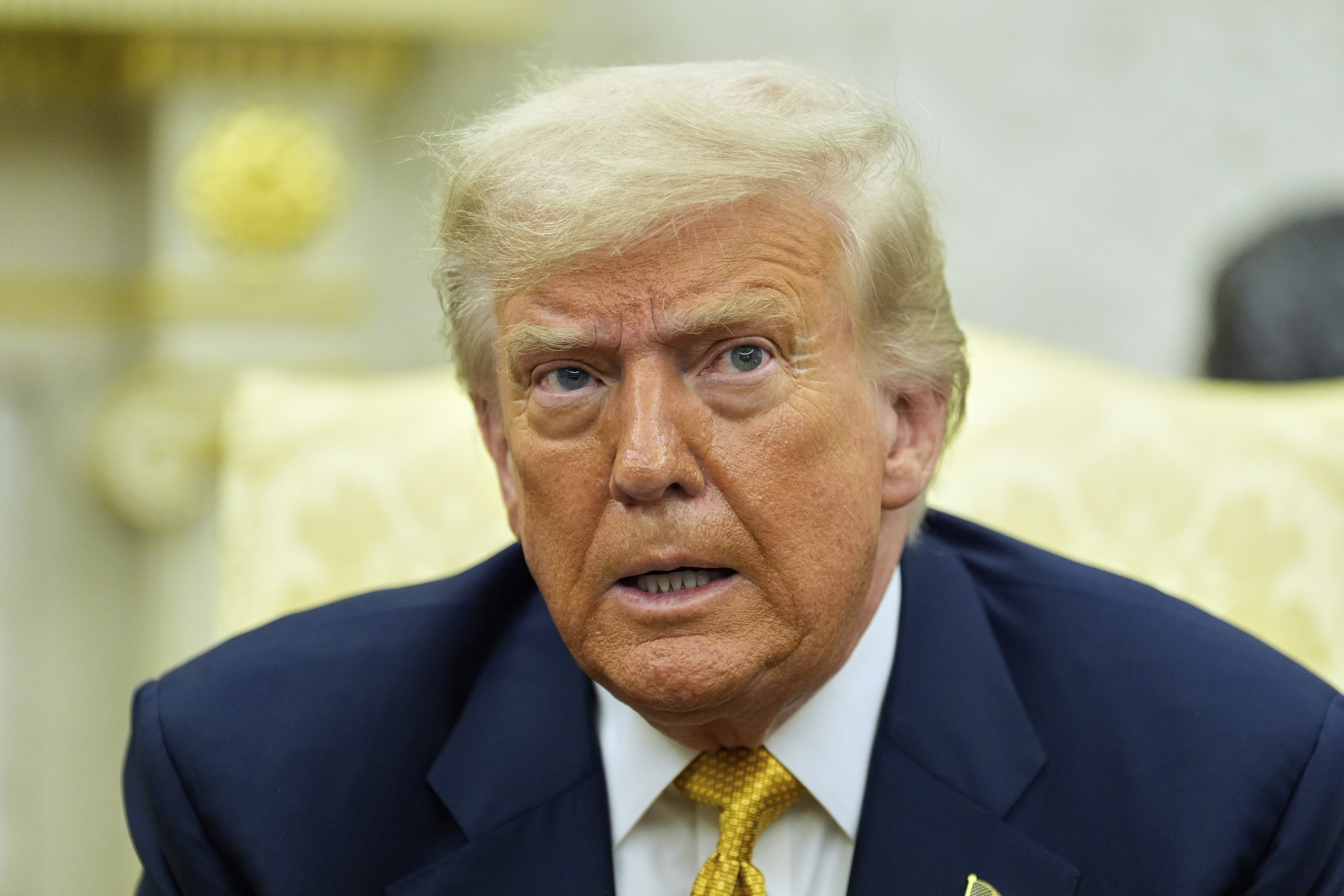 President Donald Trump speaks during a meeting with Bahrain's Crown Prince Salman bin Hamad Al Khalifa in the Oval Office of the White House, Wednesday, July 16, 2025, in Washington. (AP Photo/Alex Brandon)
