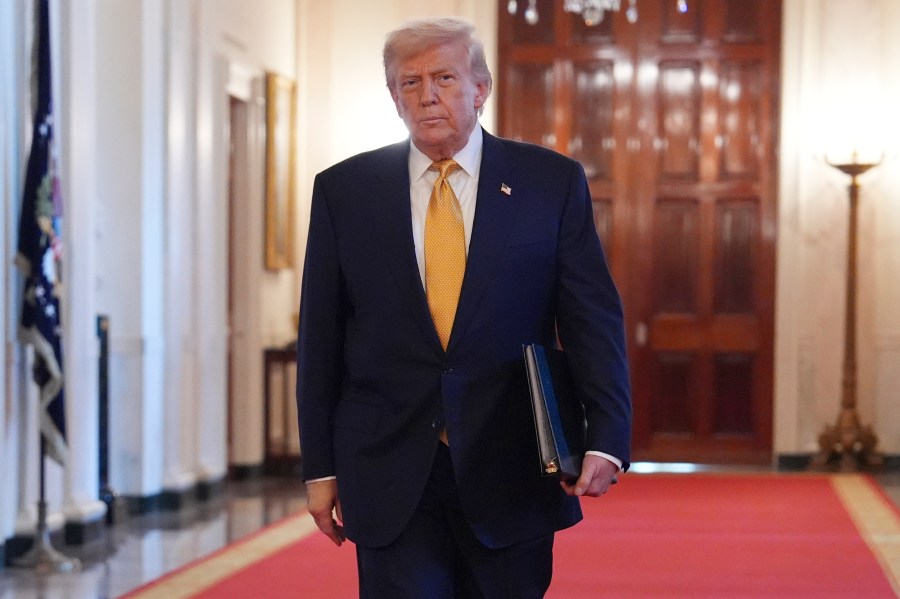 President Donald Trump arriving before speaking at a ceremony to sign the "Halt All Lethal Trafficking of Fentanyl Act," in the East Room of the White House, Wednesday, July 16, 2025, in Washington. (AP Photo/Evan Vucci)