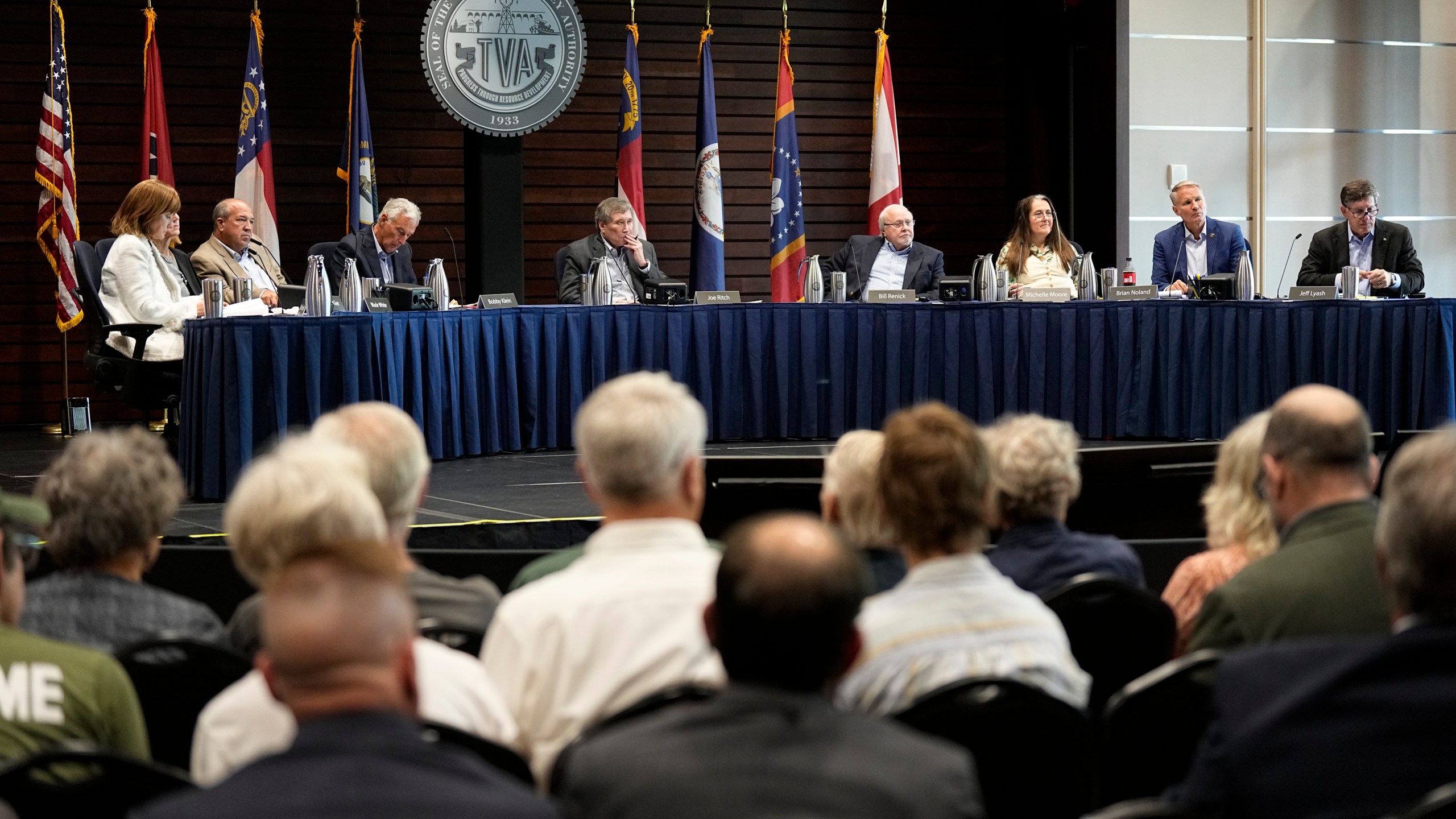 FILE - Members of the Tennessee Valley Authority Board of Directors listen to members of the public during a meeting May 8, 2024, in Nashville, Tenn. (AP Photo/George Walker IV, File)
