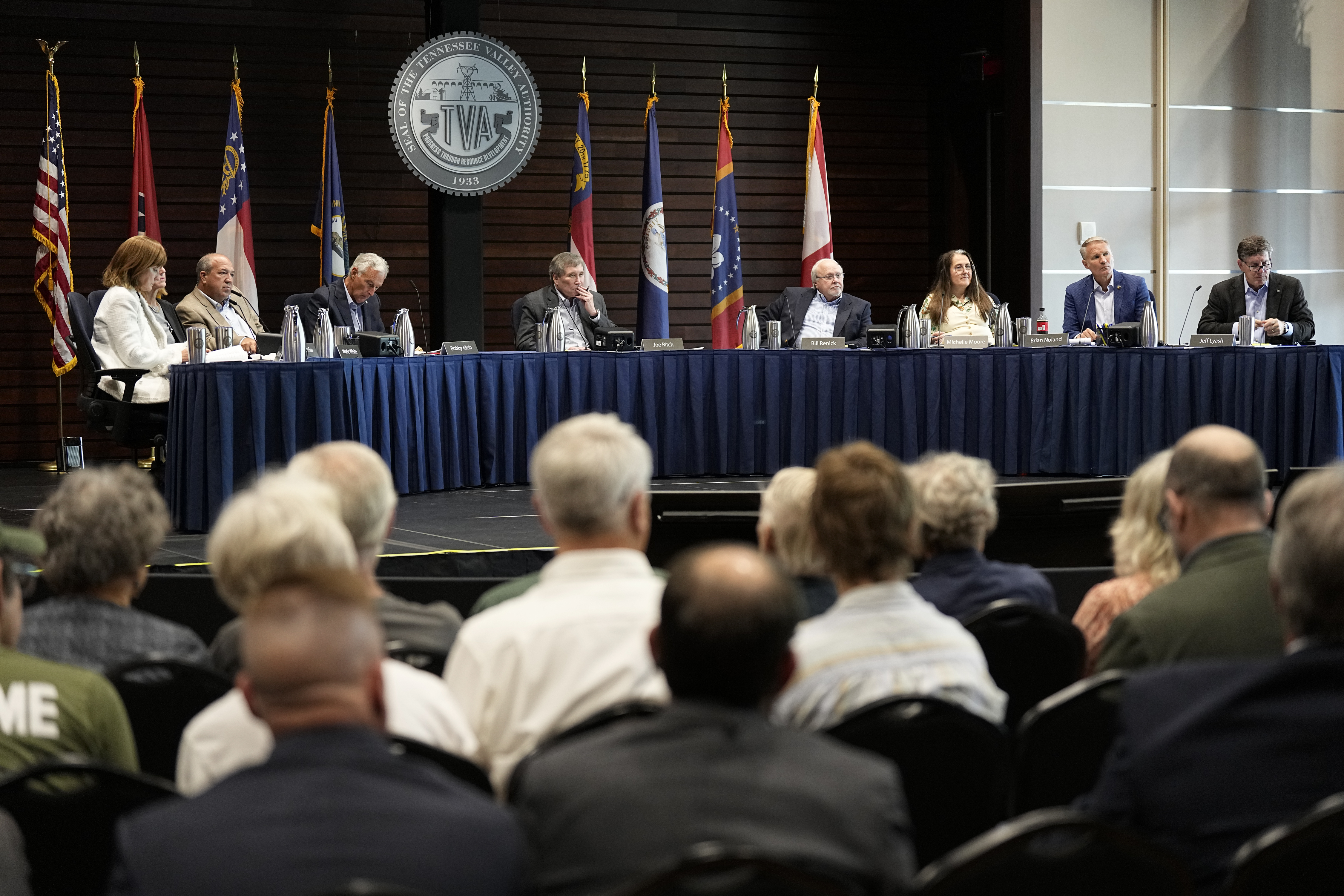 FILE - Members of the Tennessee Valley Authority Board of Directors listen to members of the public during a meeting May 8, 2024, in Nashville, Tenn. (AP Photo/George Walker IV, File)