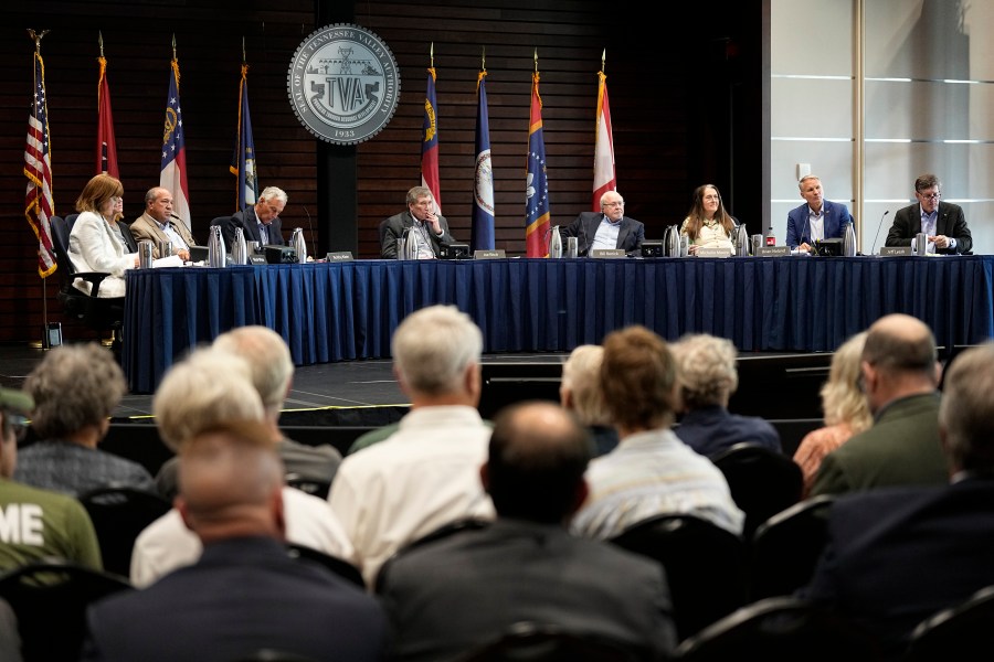FILE - Members of the Tennessee Valley Authority Board of Directors listen to members of the public during a meeting May 8, 2024, in Nashville, Tenn. (AP Photo/George Walker IV, File)