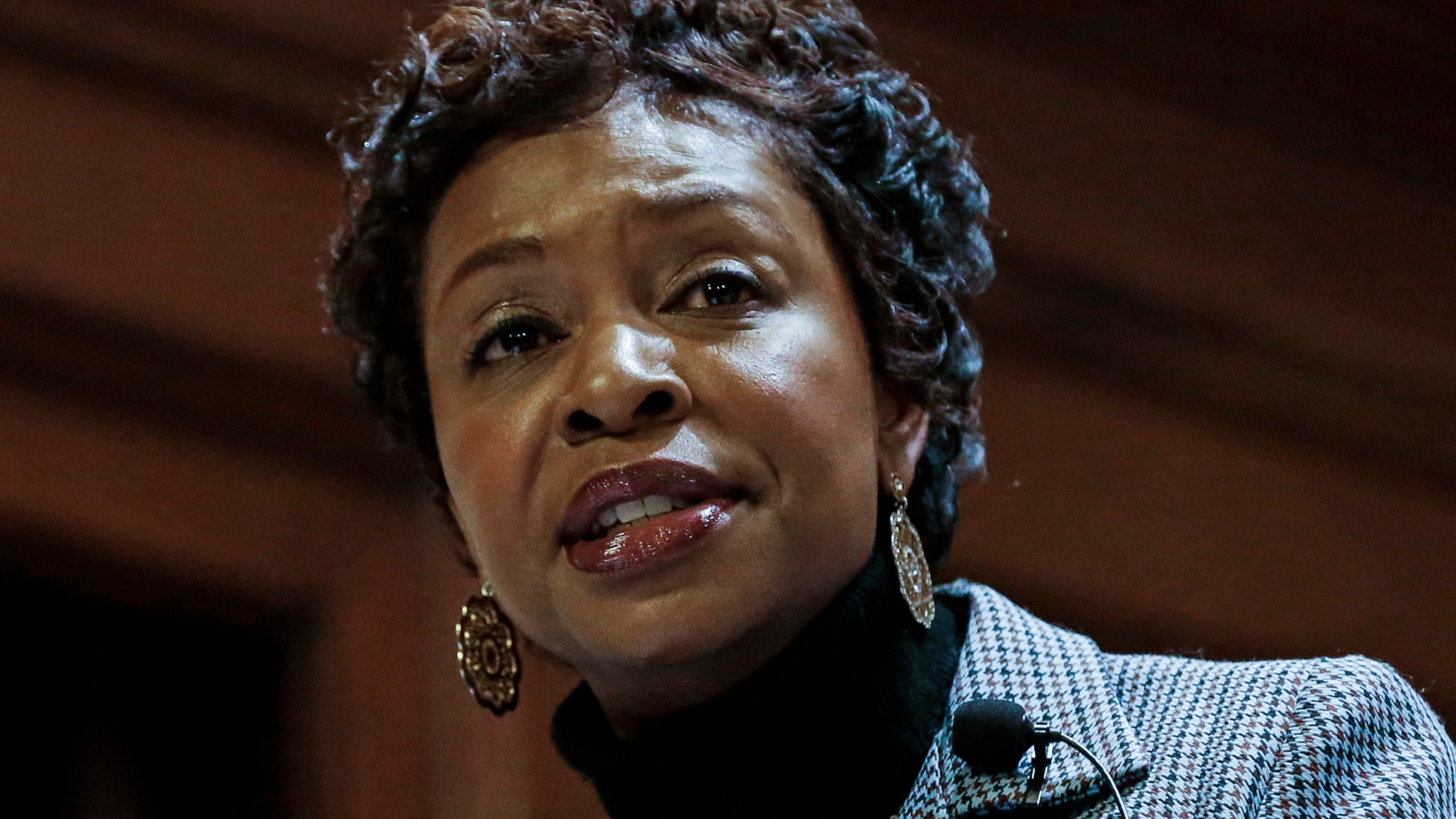 FILE - Rep. Yvette Clarke, D-N.Y. speaks during a Community Town Hall on Feb. 22, 2017, in the Brooklyn borough of New York. (AP Photo/Frank Franklin II, File)