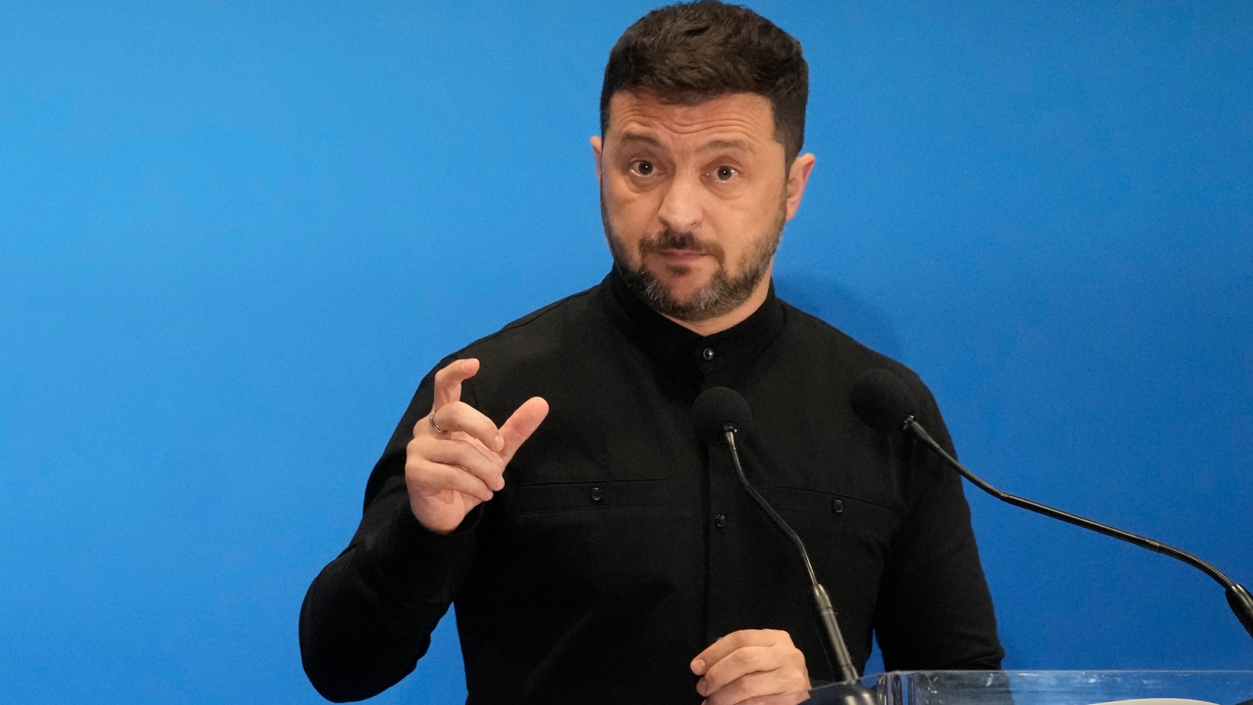 Ukraine's President Volodymyr Zelenskyy speaks with reporters during the Ukraine Recovery Conference at La Nuvola convention center in Rome, Thursday, July 10, 2025. (AP Photo/Gregorio Borgia)