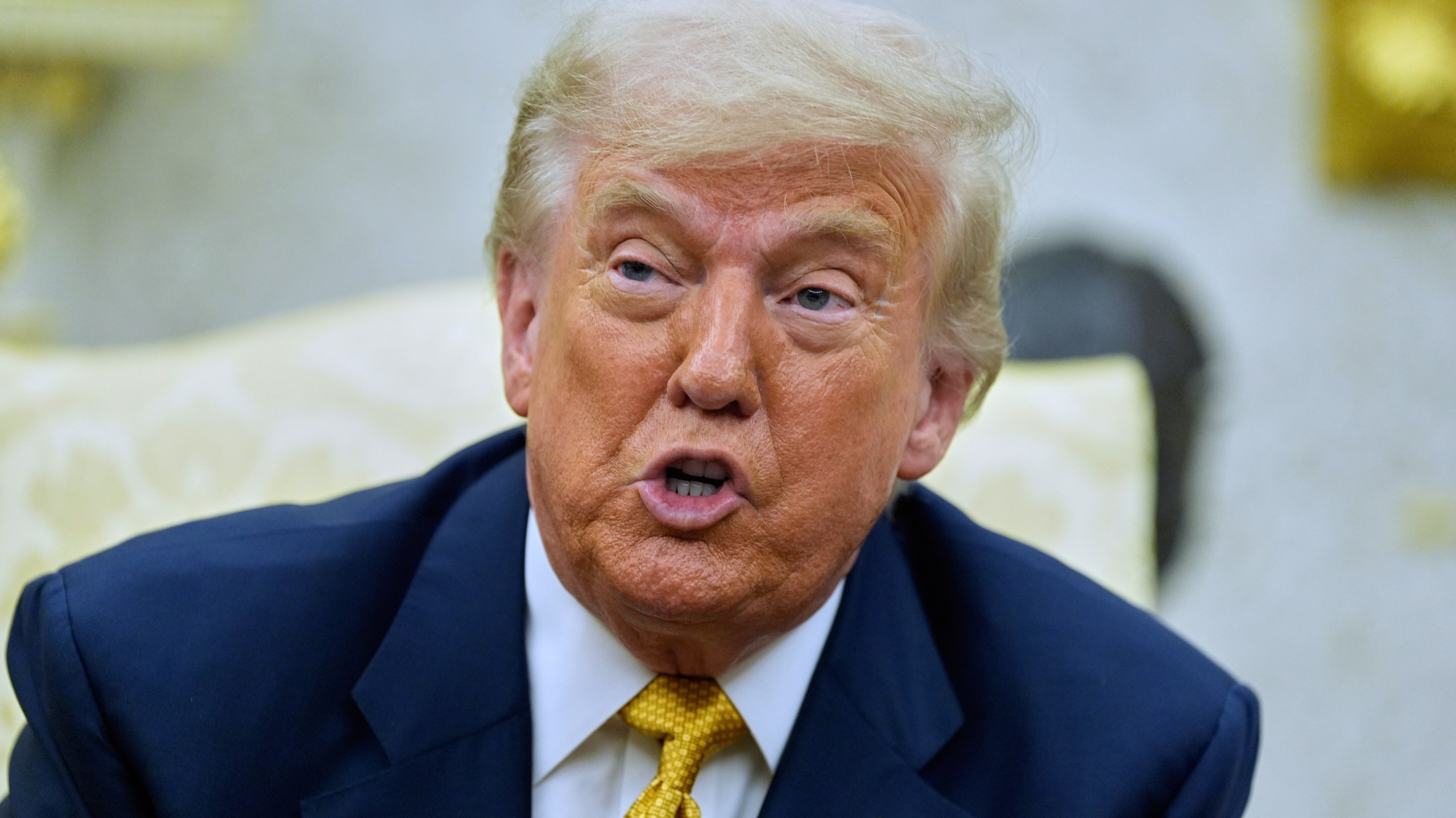 President Donald Trump speaks during a meeting with Bahrain's Crown Prince Salman bin Hamad Al Khalifa in the Oval Office of the White House, Wednesday, July 16, 2025, in Washington. (AP Photo/Alex Brandon)