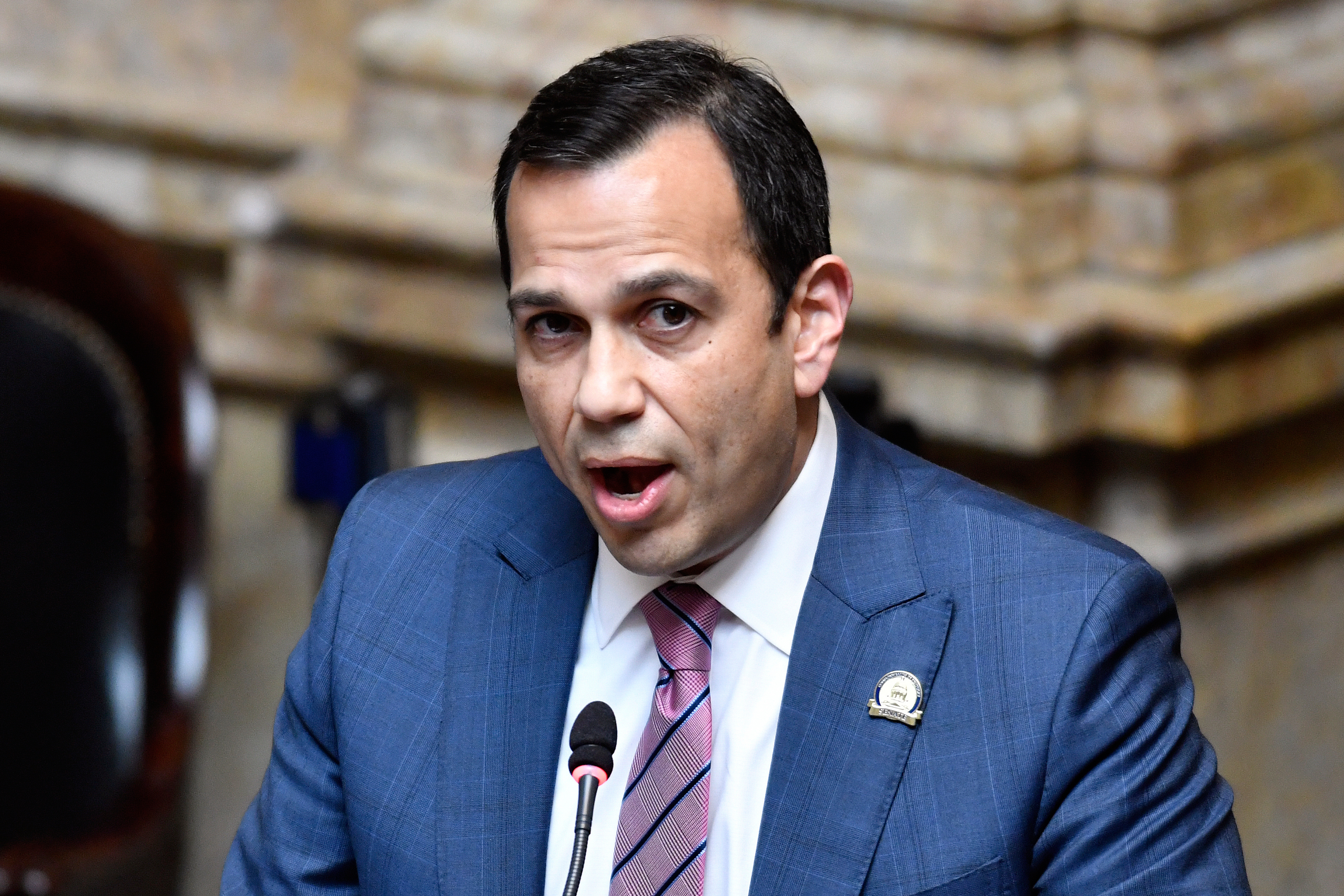 FILE - Kentucky State Senator Ralph Alvarado makes a statement to the Senate body at the Kentucky State Capitol in Frankfort, Ky., March 30, 2021. (AP Photo/Timothy D. Easley, File)