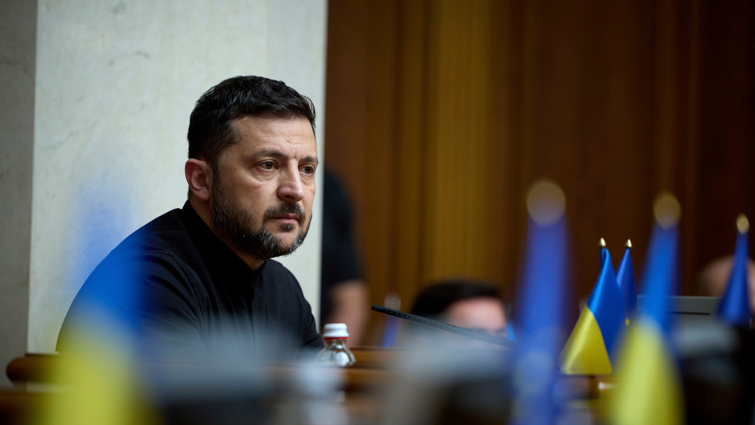 President of Ukraine Volodymyr Zelenskyy attends the parliament session in Kyiv, Ukraine Thursday, July 17, 2025. (AP Photo/Vadym Sarakhan)