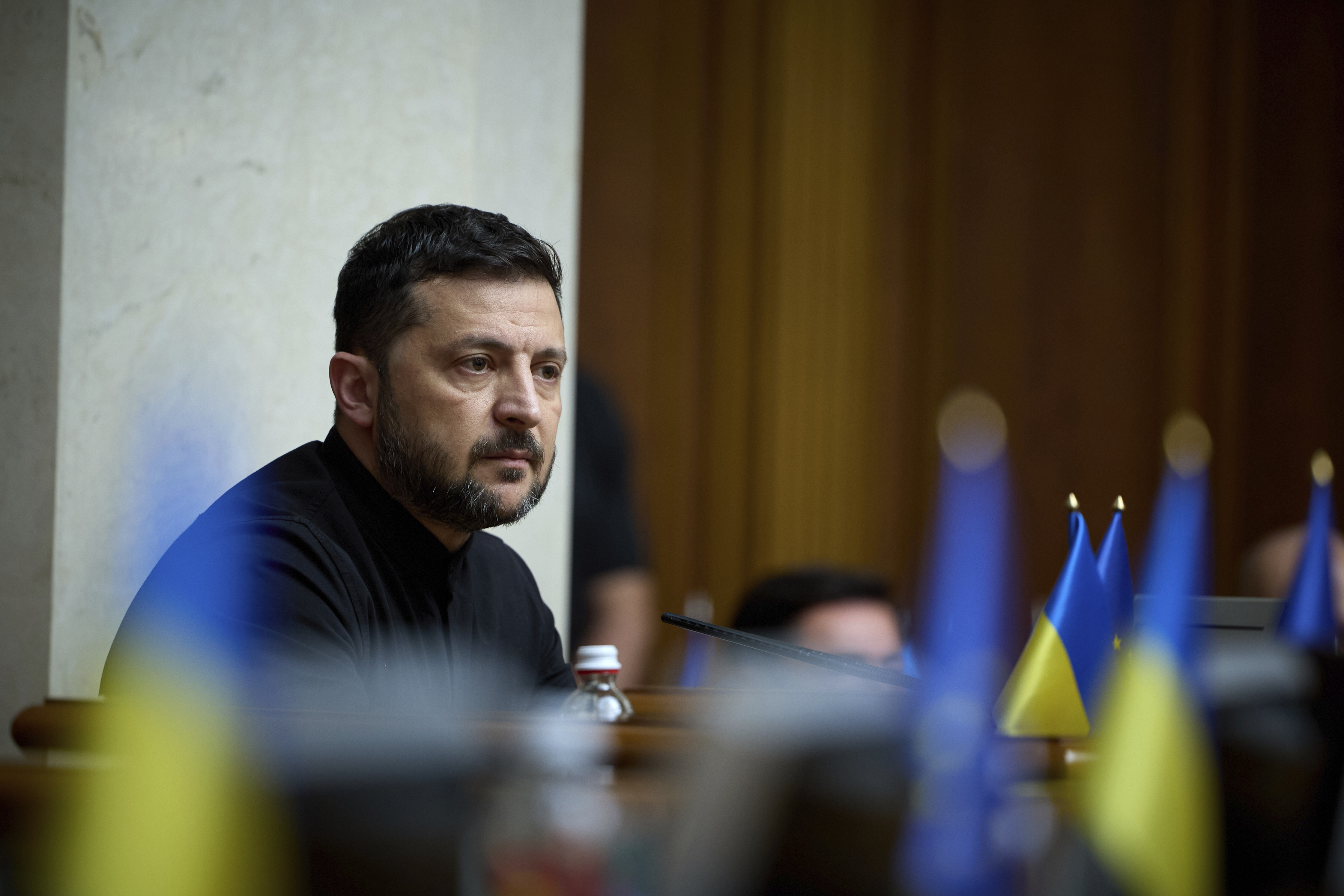 President of Ukraine Volodymyr Zelenskyy attends the parliament session in Kyiv, Ukraine Thursday, July 17, 2025. (AP Photo/Vadym Sarakhan)