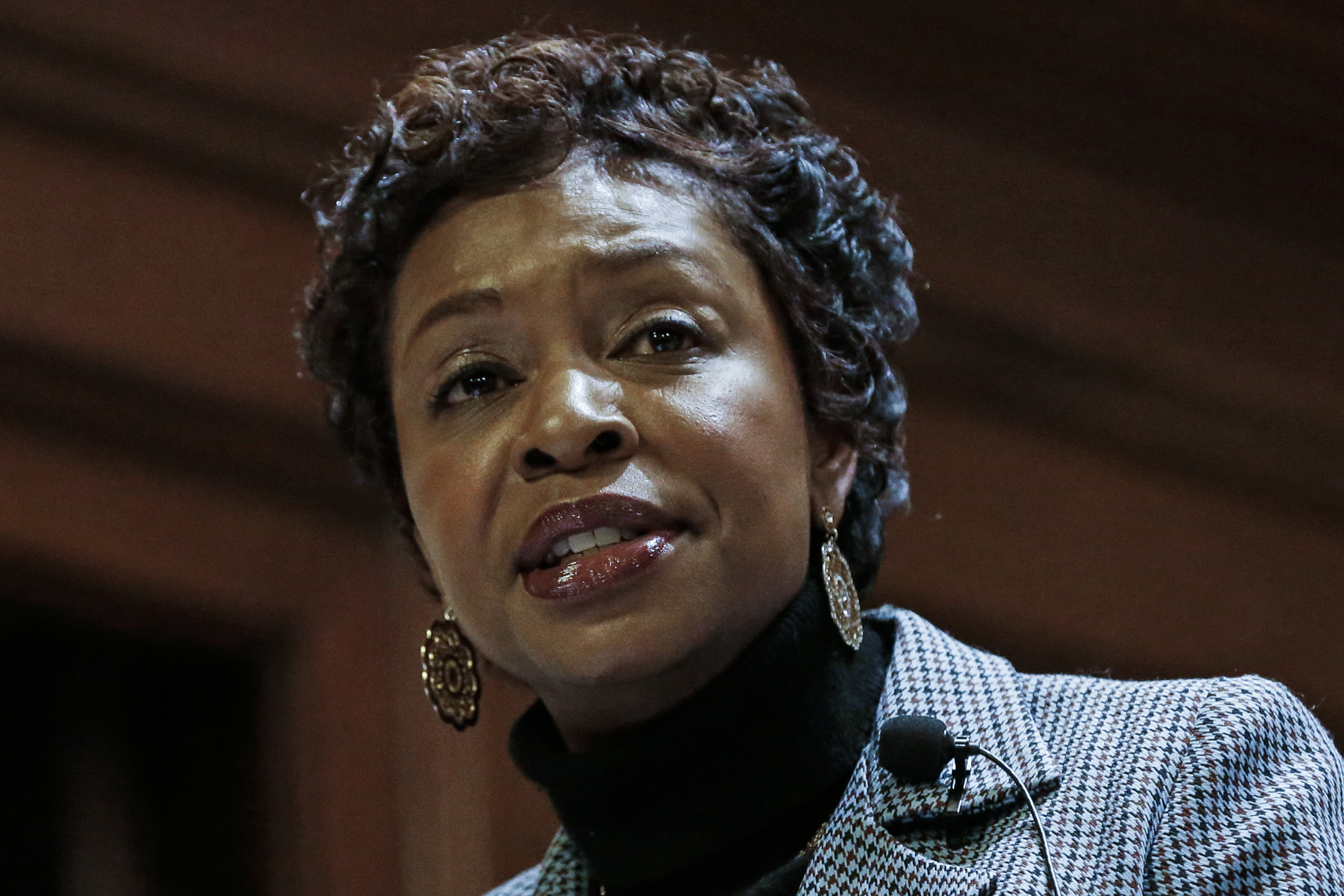 FILE - Rep. Yvette Clarke, D-N.Y. speaks during a Community Town Hall on Feb. 22, 2017, in the Brooklyn borough of New York. (AP Photo/Frank Franklin II, File)