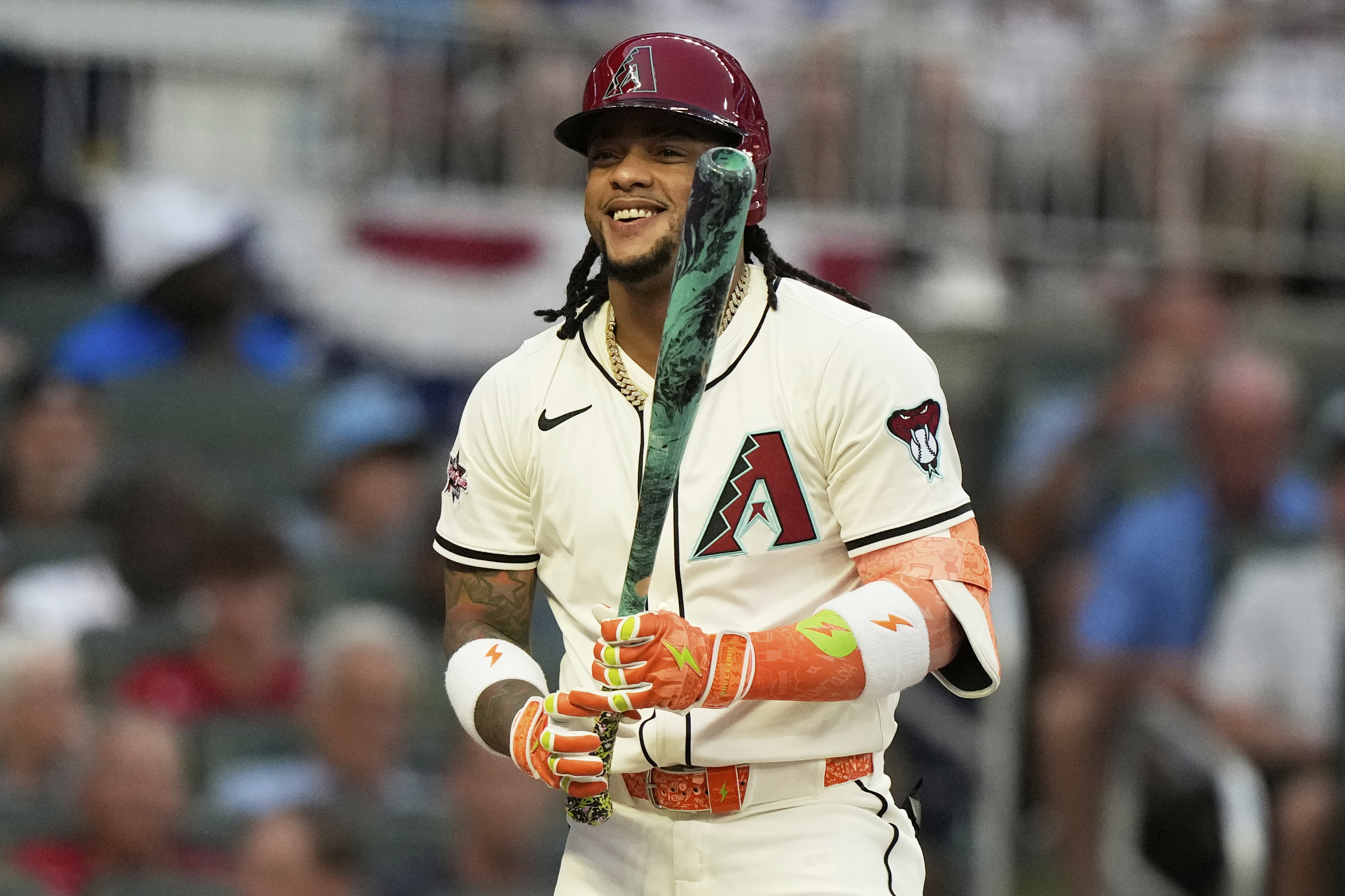 Arizona Diamondbacks' Ketel Marte smiles during first inning at the MLB baseball All-Star game between the American League and National League, Tuesday, July 15, 2025, in Atlanta. (AP Photo/Brynn Anderson)