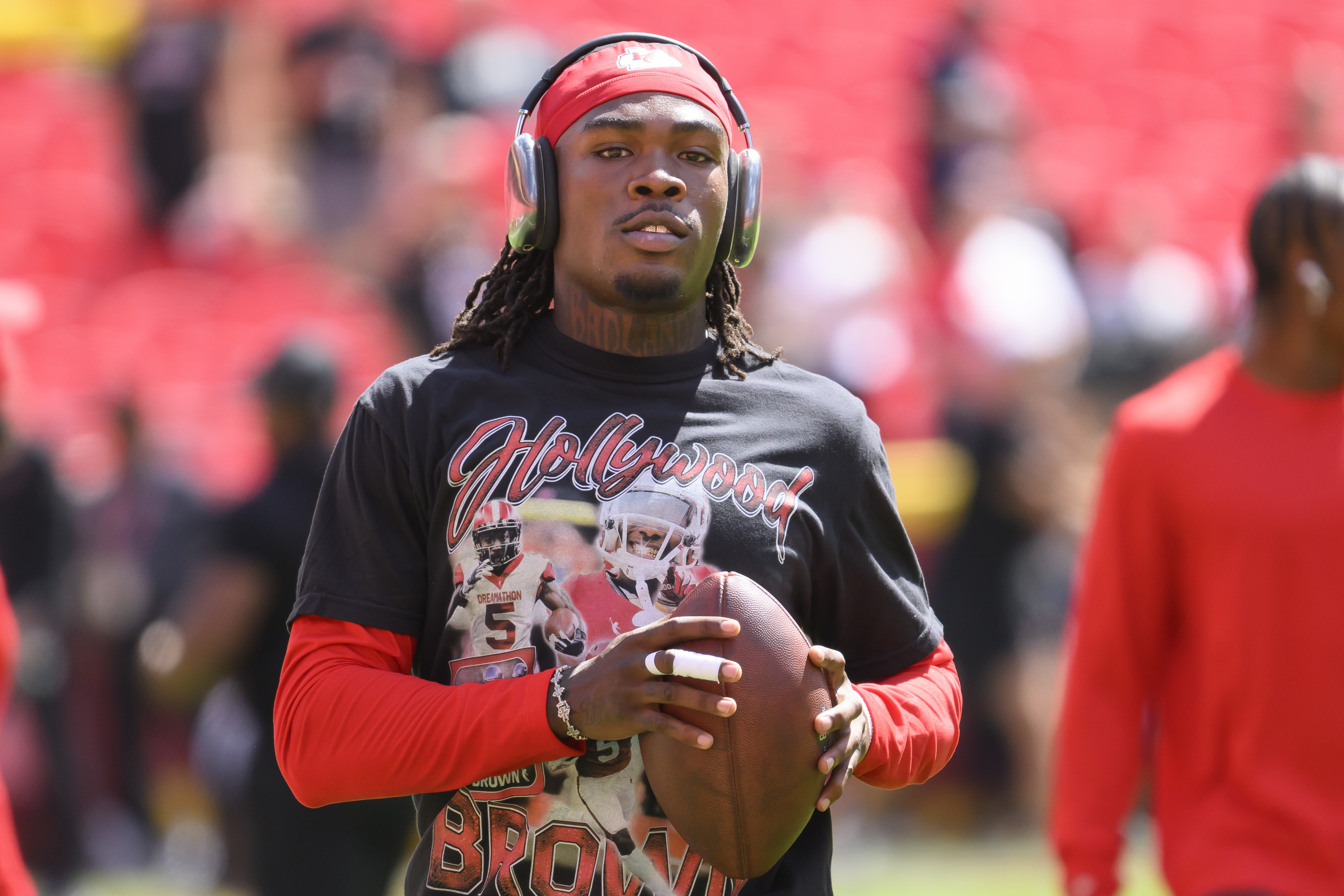 FILE - Kansas City Chiefs wide receiver Rashee Rice carries after a catch during warmups before an NFL football game against the Cincinnati Bengals, Sept. 15, 2024, in Kansas City, Mo. (AP Photo/Reed Hoffmann, File)