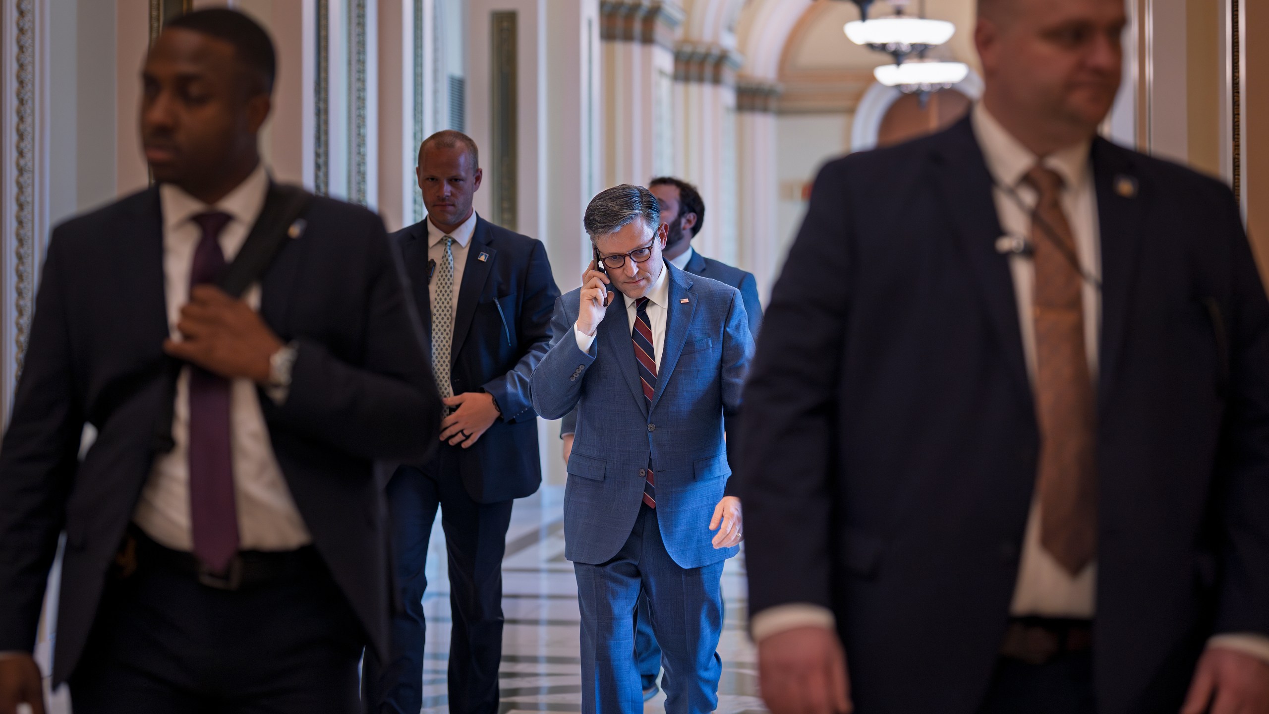 Speaker of the House Mike Johnson, R-La., leaves the chamber at the Capitol in Washington, Thursday, July 17, 2025. (AP Photo/J. Scott Applewhite)