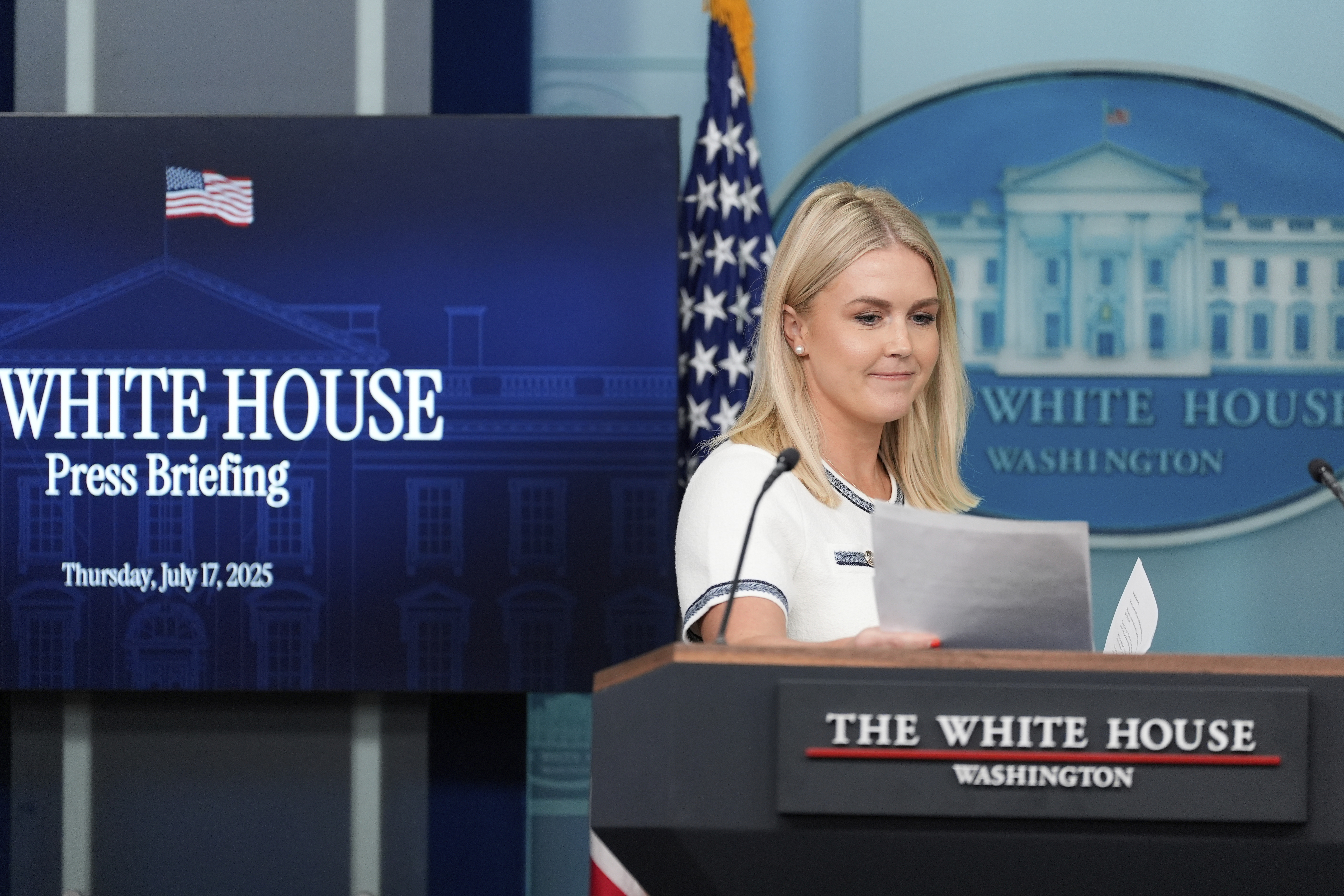 White House press secretary Karoline Leavitt arrives to speak with reporters in the James Brady Press Briefing Room at the White House, Thursday, July 17, 2025, in Washington. (AP Photo/Alex Brandon)