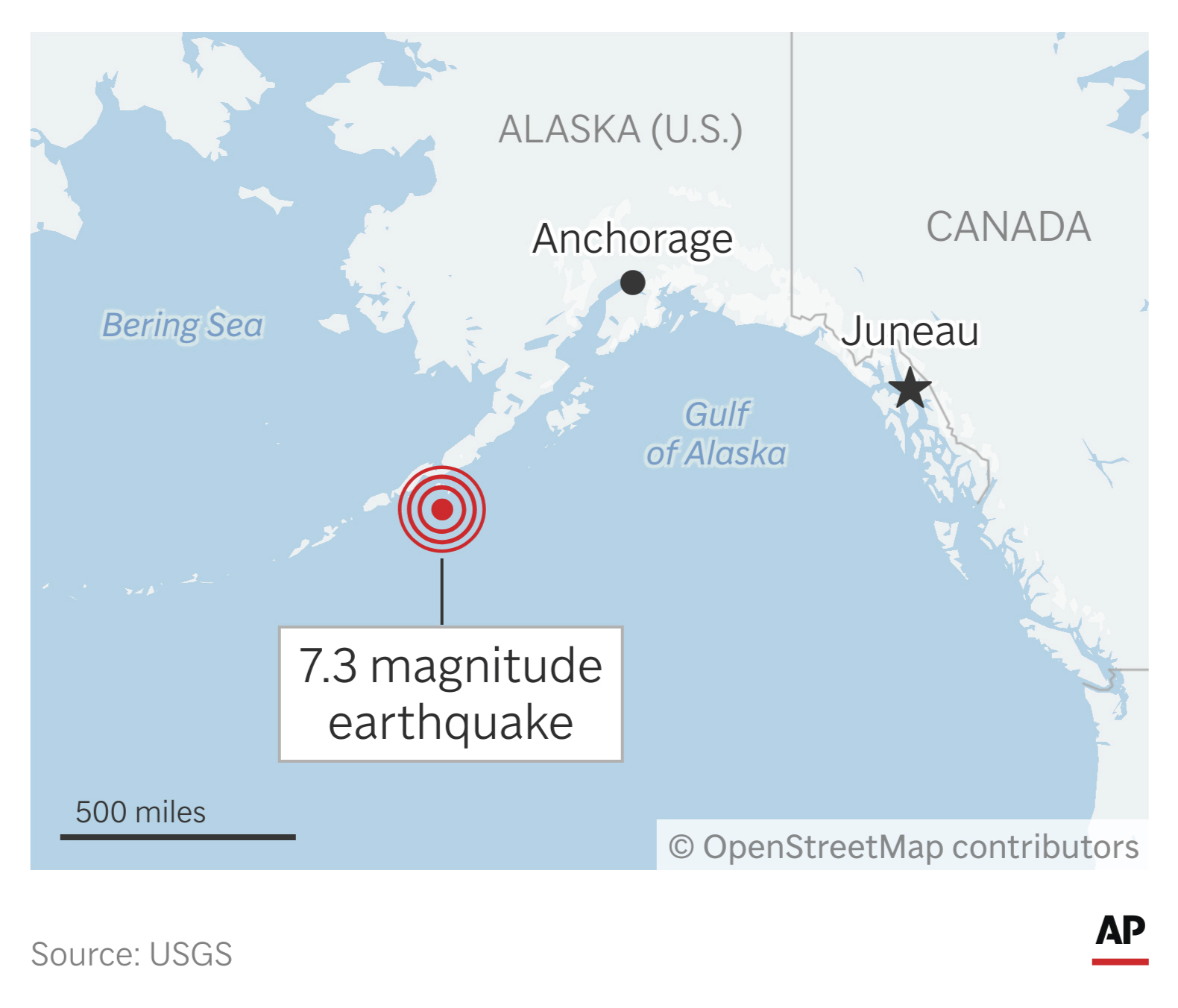A strong earthquake Wednesday off the Alaska coast triggered a tsunami warning. (AP Graphic)