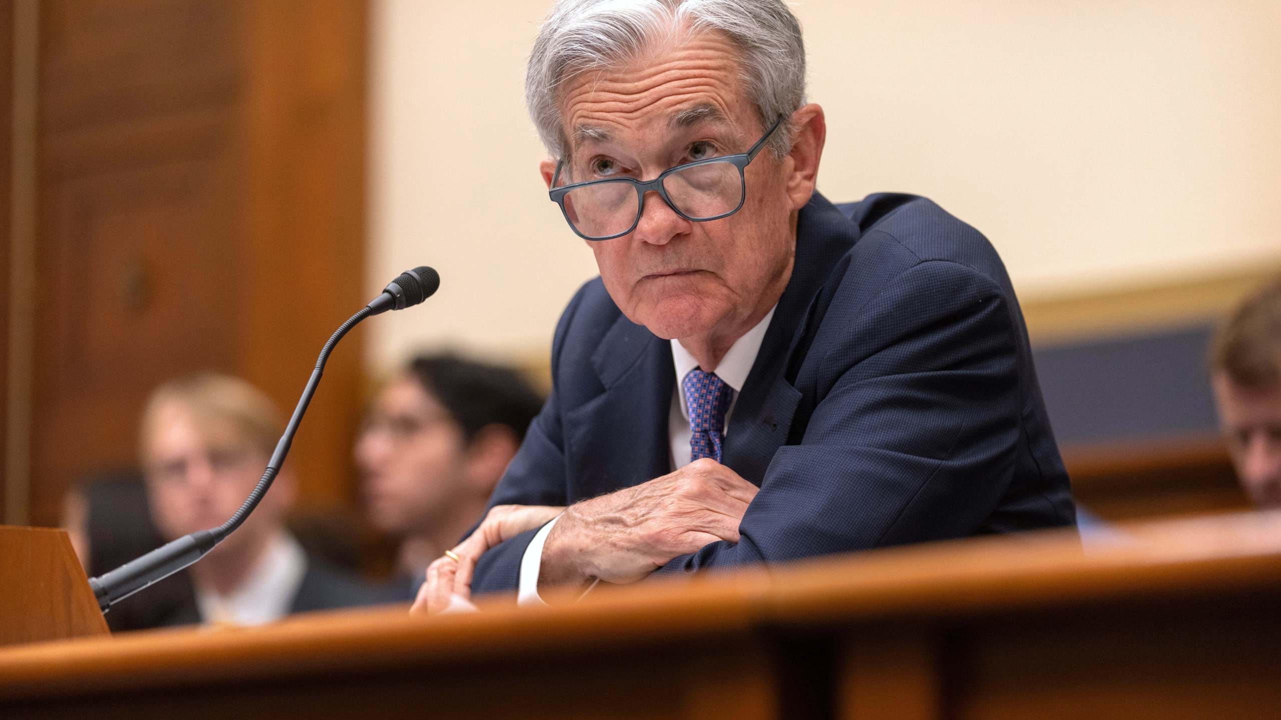 Federal Reserve Board Chairman Jerome Powell listens during a hearing of the House Committee on Financial Services on Capitol Hill, Tuesday, June 24, 2025, in Washington. (AP Photo/Mark Schiefelbein)