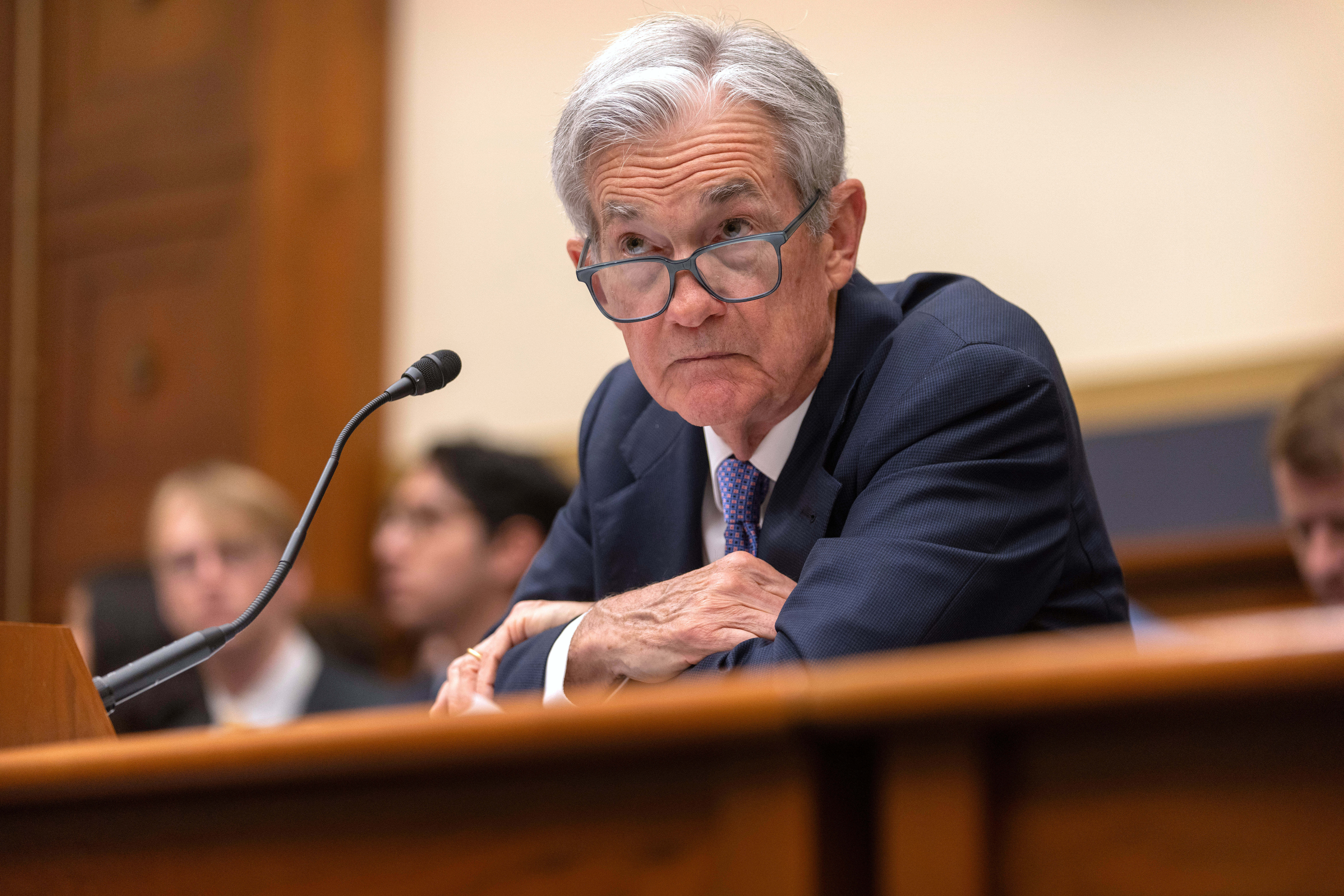 Federal Reserve Board Chairman Jerome Powell listens during a hearing of the House Committee on Financial Services on Capitol Hill, Tuesday, June 24, 2025, in Washington. (AP Photo/Mark Schiefelbein)