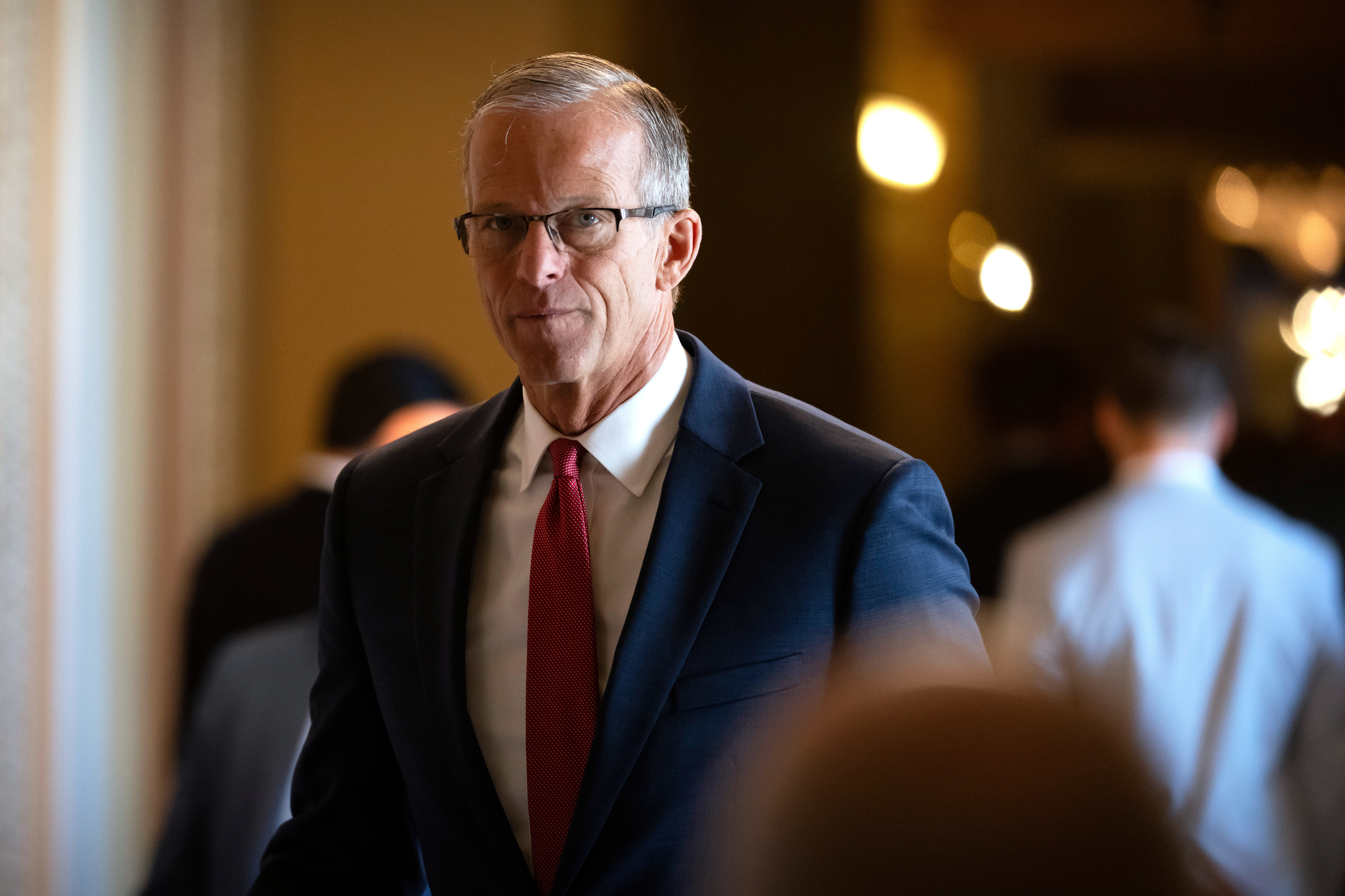 Senate Majority Leader John Thune, of S.D., walks toward the Senate chamber at the Capitol, Wednesday, July 16, 2025, in Washington. (AP Photo/Mark Schiefelbein)