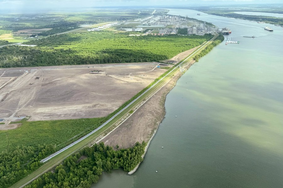 FILE - The nearly $3 billion Mid-Barataria Sediment Diversion project along the Mississippi River, intended to stave off coastal land loss in southeastern Louisiana, is seen during a flyover with the environmental coalition group Restore the Mississippi River Delta, Aug. 29, 2024. (AP Photo/Jack Brook, File)